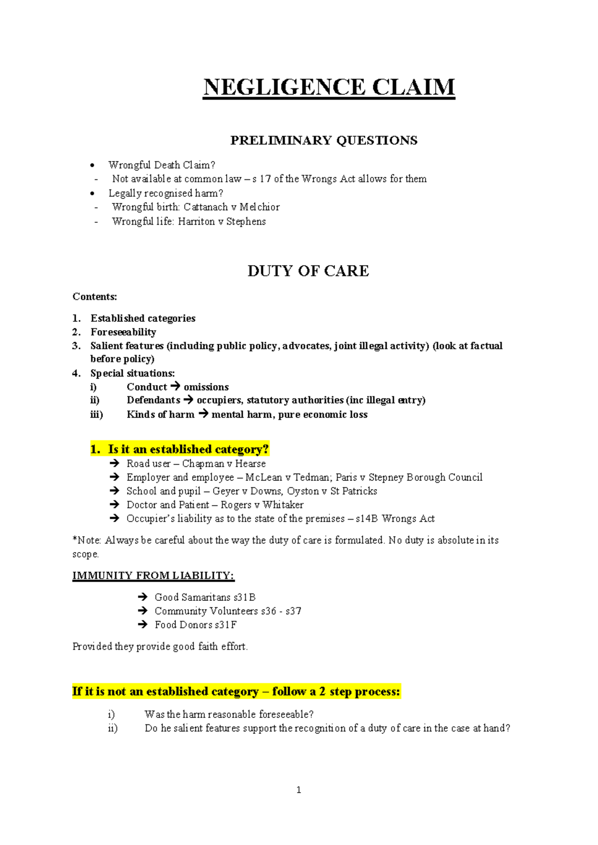 Torts H1 Final Exam Notes: Duty of Care & Negligence Claims - Studocu