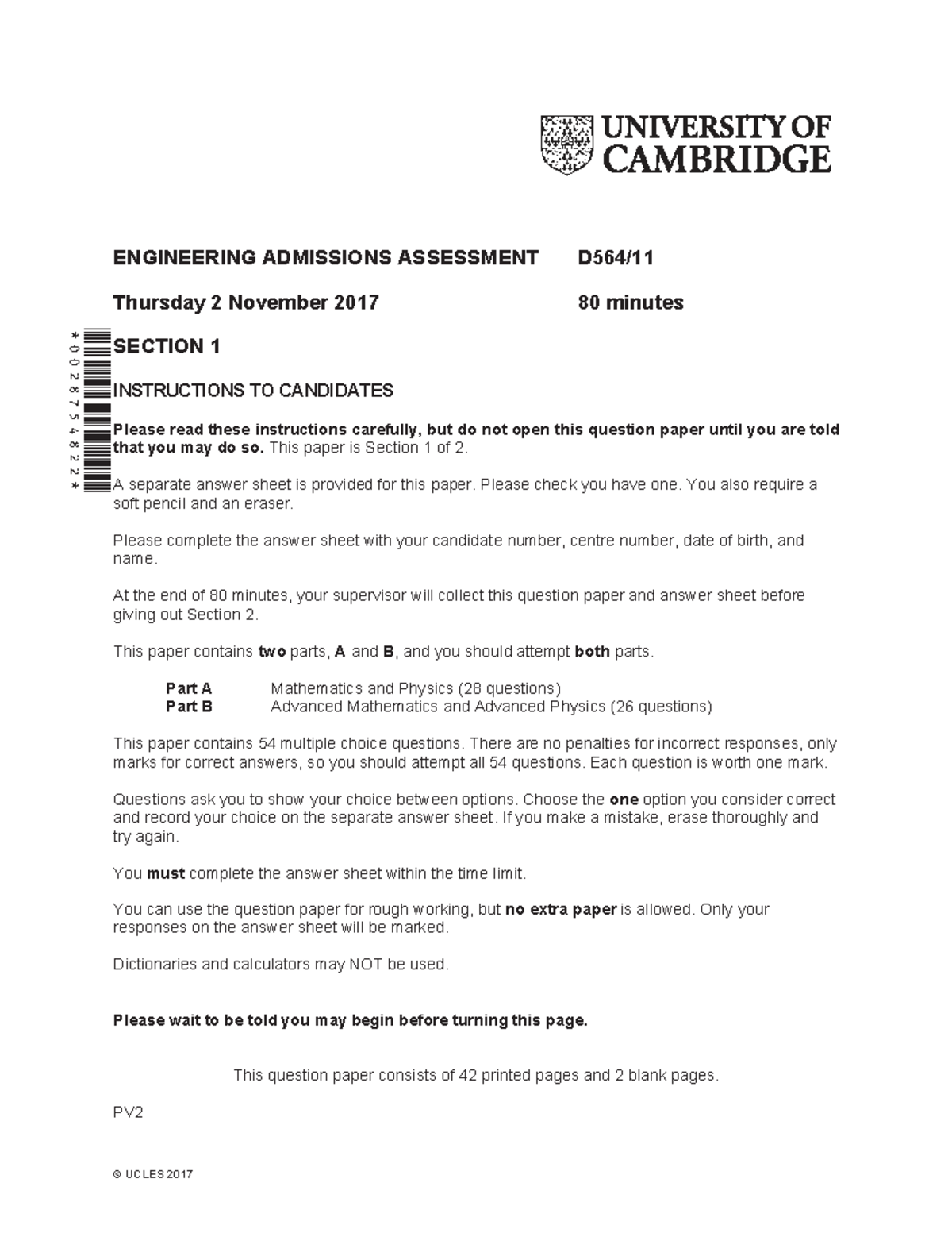 ENGAA 2017 Section 1: Engineering Admissions Assessment - Studocu