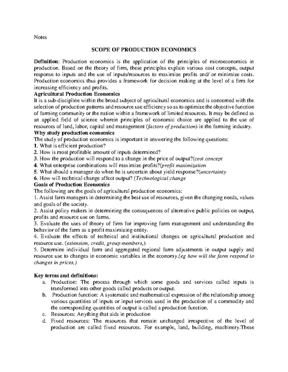 AGEC 241 lecture notes, product econ - Notes SCOPE OF PRODUCTION ...