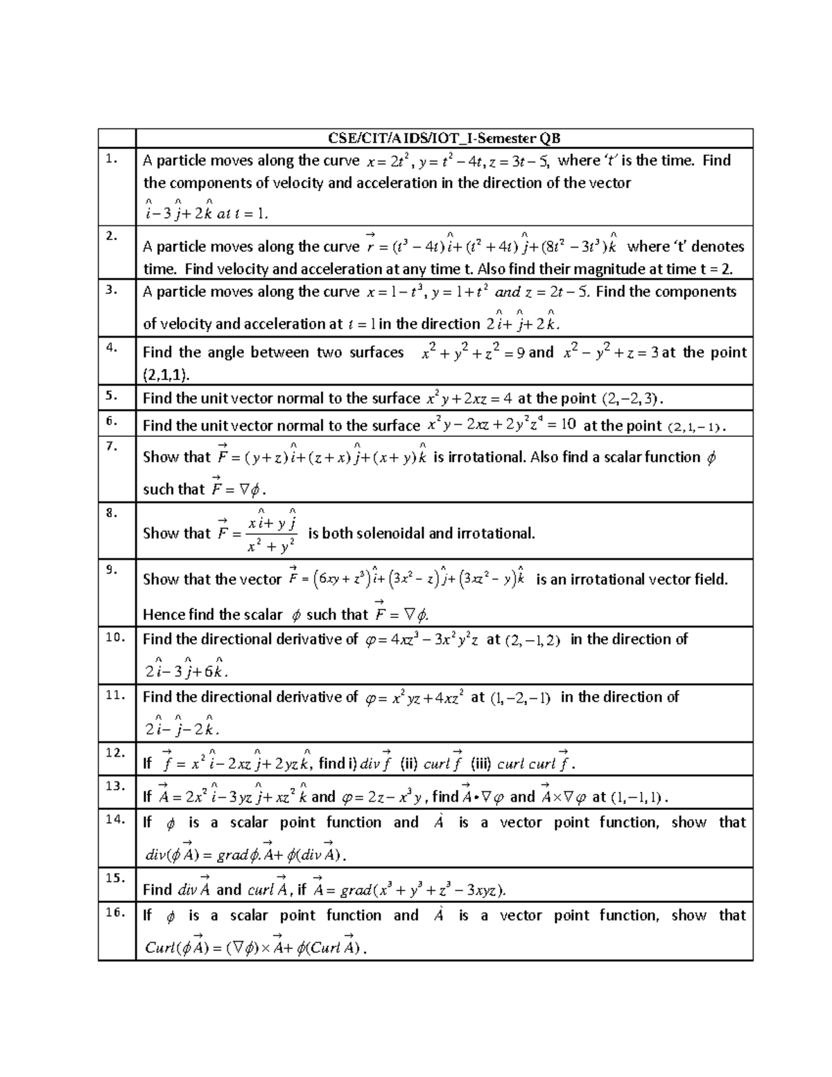 I Semester QB - Particle Motion, Velocity, and Acceleration Analysis ...