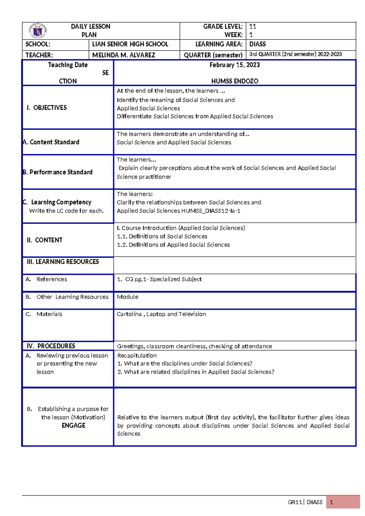 Wk1-D2 DIASS Daily Lesson Plan for Grade 11 Social Sciences - Studocu