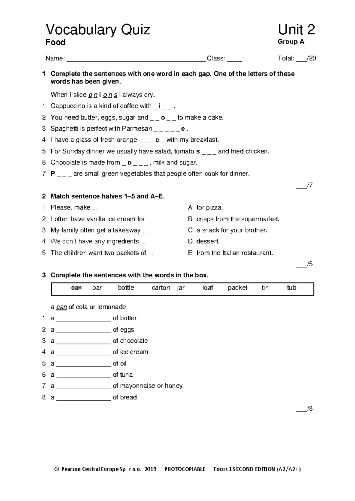 Focus 1 2E Vocabulary Quiz Unit 2 - Group A Answers and Guide - Studocu