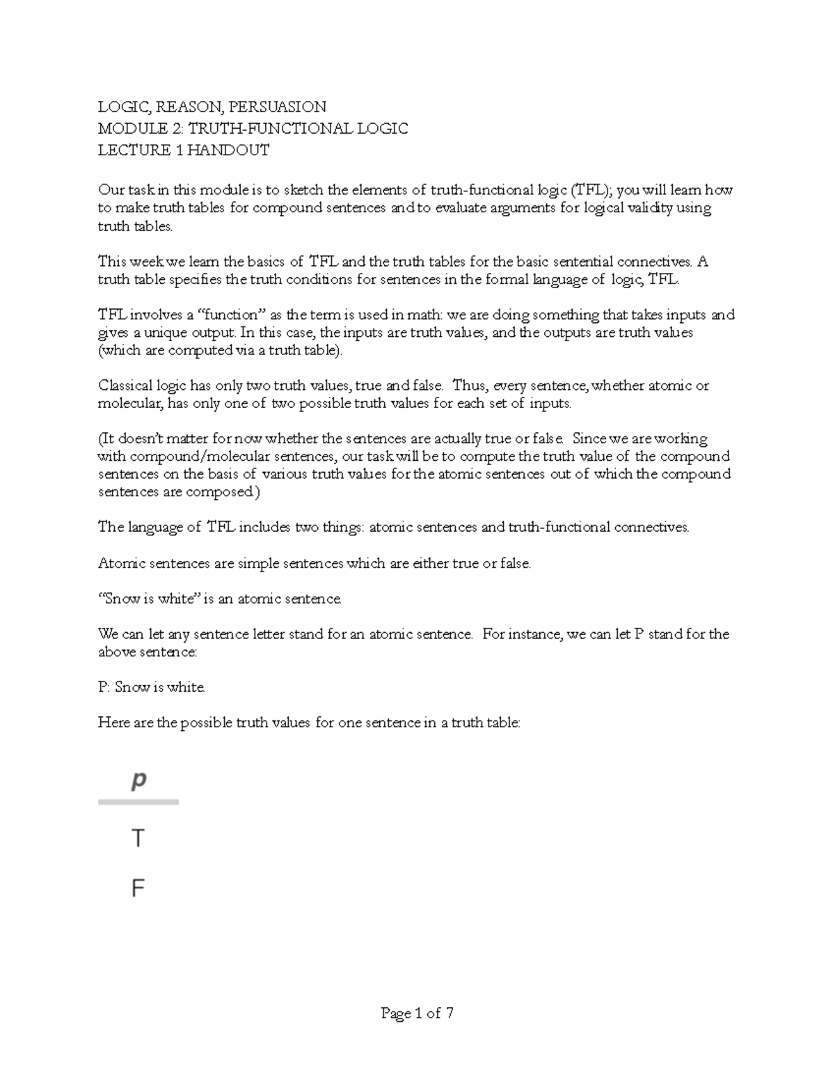 Logic 101: Lecture 1 Handout on Truth-Functional Logic (TFL) - Studocu