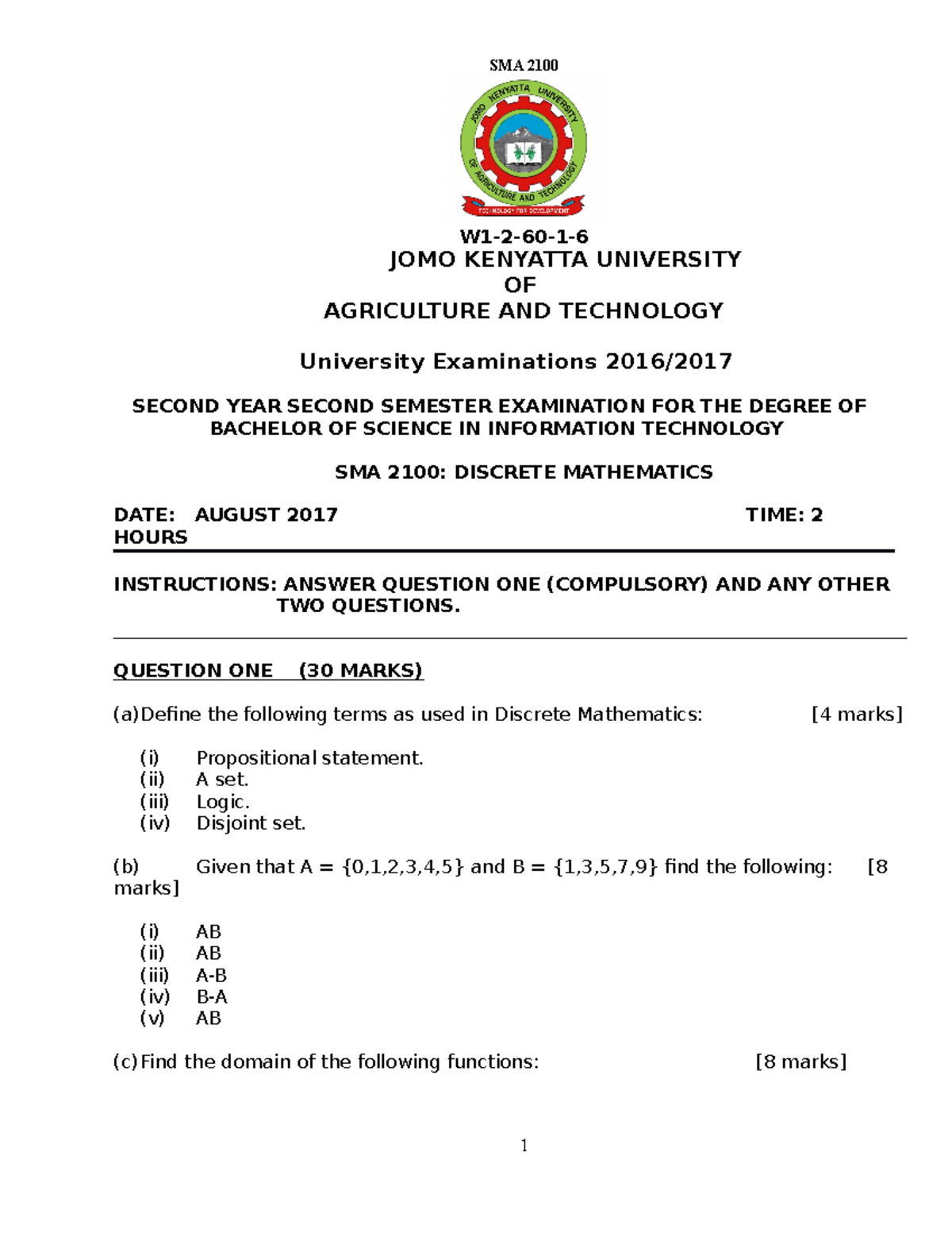 SMA 2100 Discrete Mathematics Exam Paper: August 2017 - Studocu