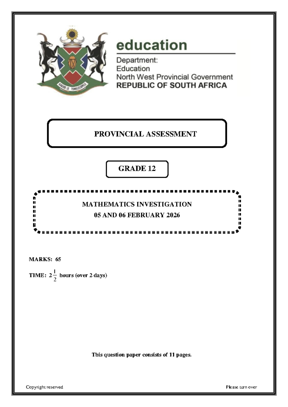 Grade 12 NW Mathematics Investigation: February 2026 Assessment - Studocu