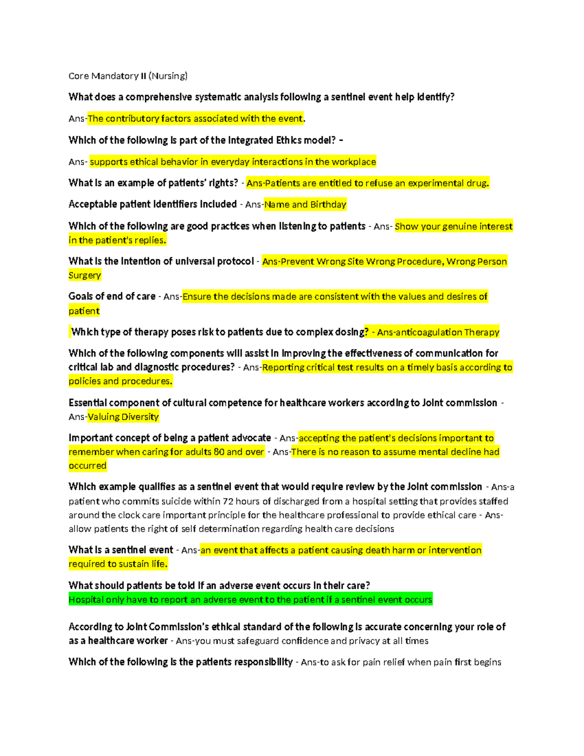 Core Mandatory Part II - core nursing relias - Core Mandatory II 