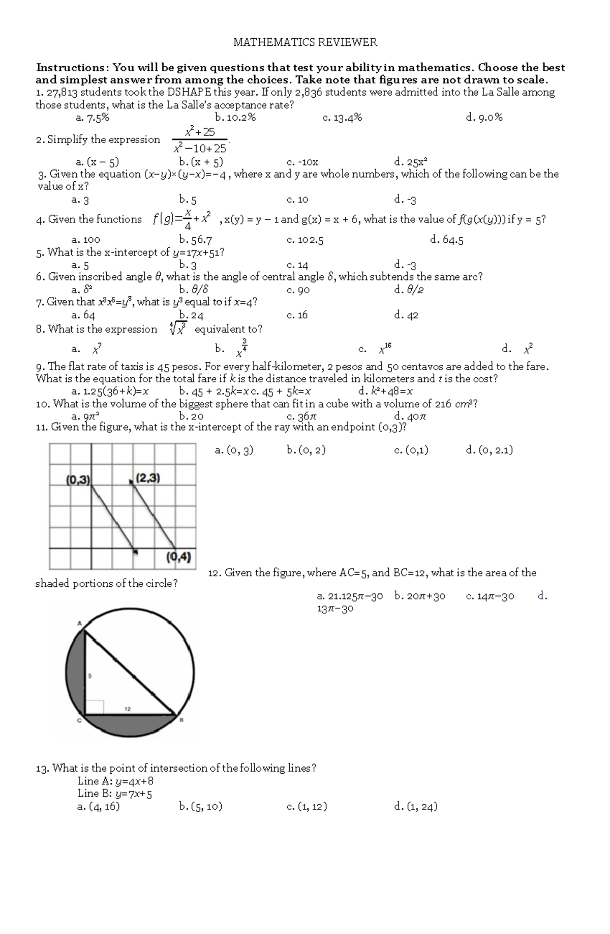 Mathematics Exam Reviewer 2019: Questions & Answers Guide - Studocu