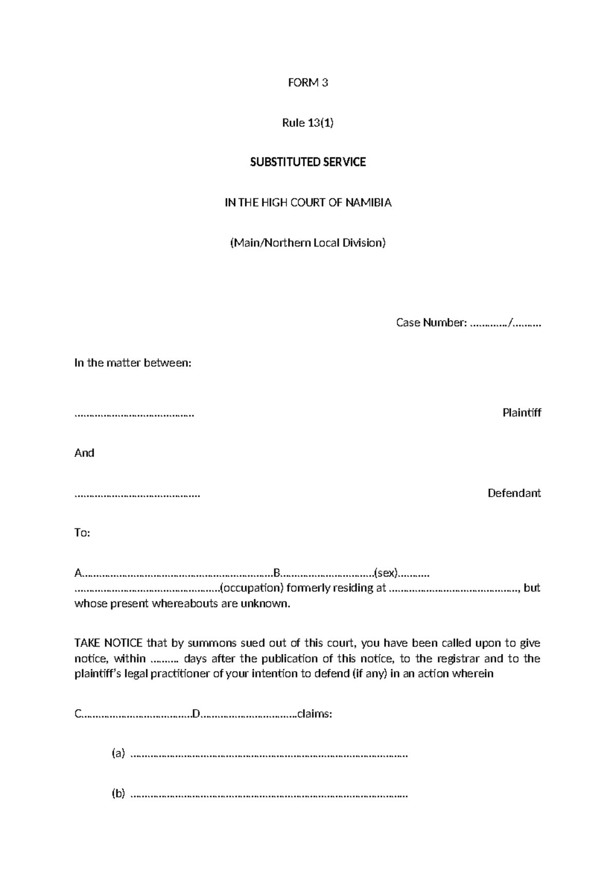 FORM 3 - Substituted Service Notice in High Court of Namibia - Studocu