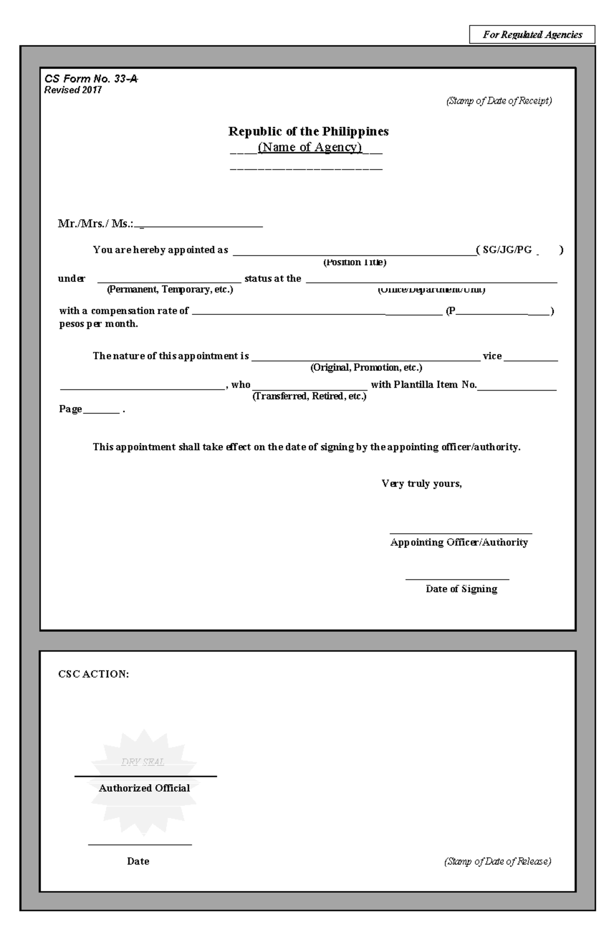 CS Form No. for Regulated Agencies - Appointment Certification - Studocu