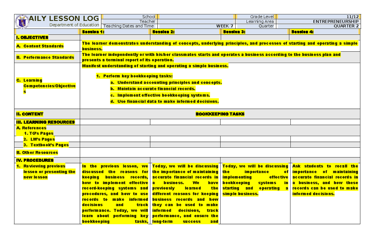 Entrep Q2 Week 7 - Daily Lesson Plan on Bookkeeping Tasks - Studocu