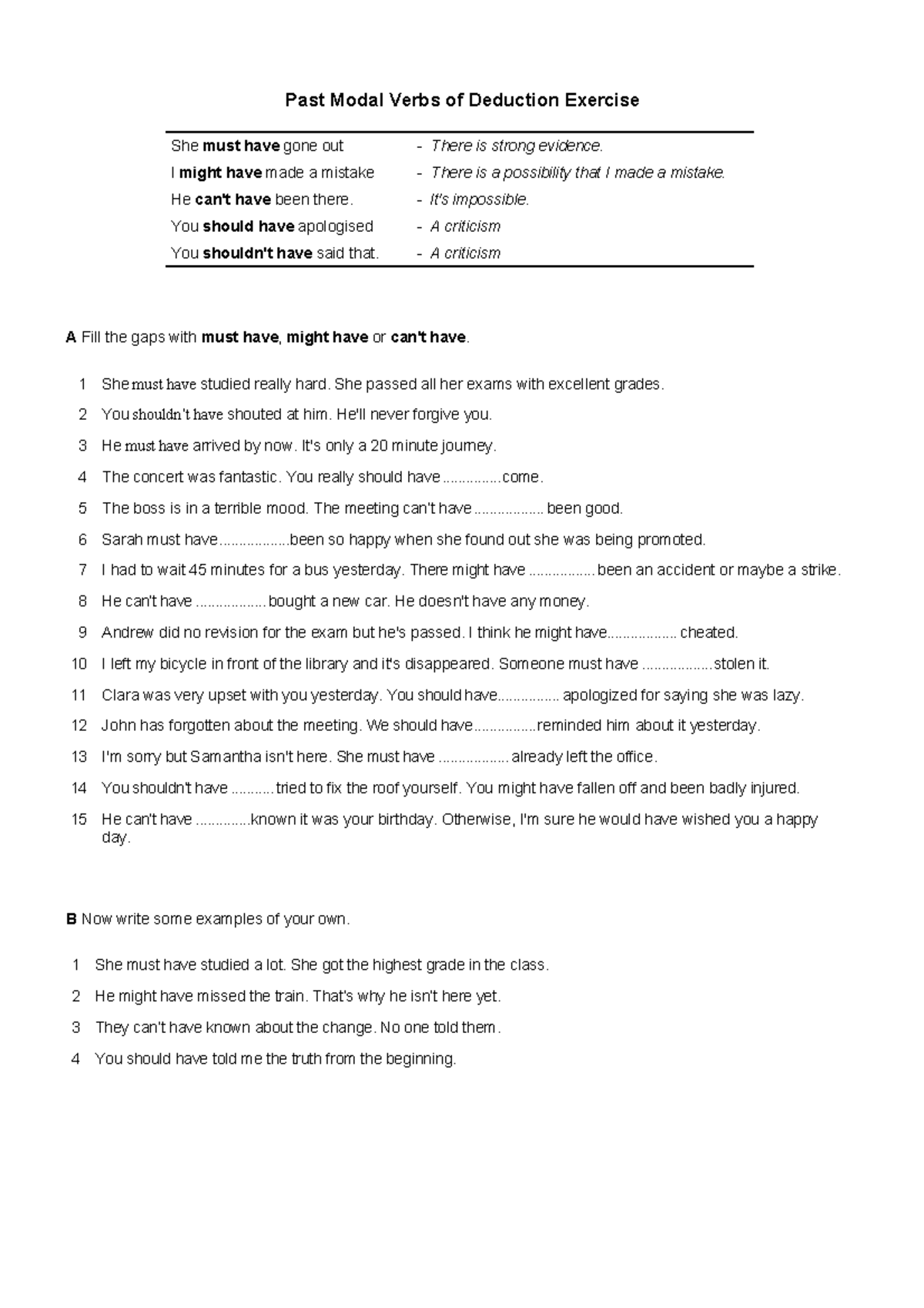 Past Modals of Deduction Exercise - Pastmodalsdeduction Tarea - Studocu