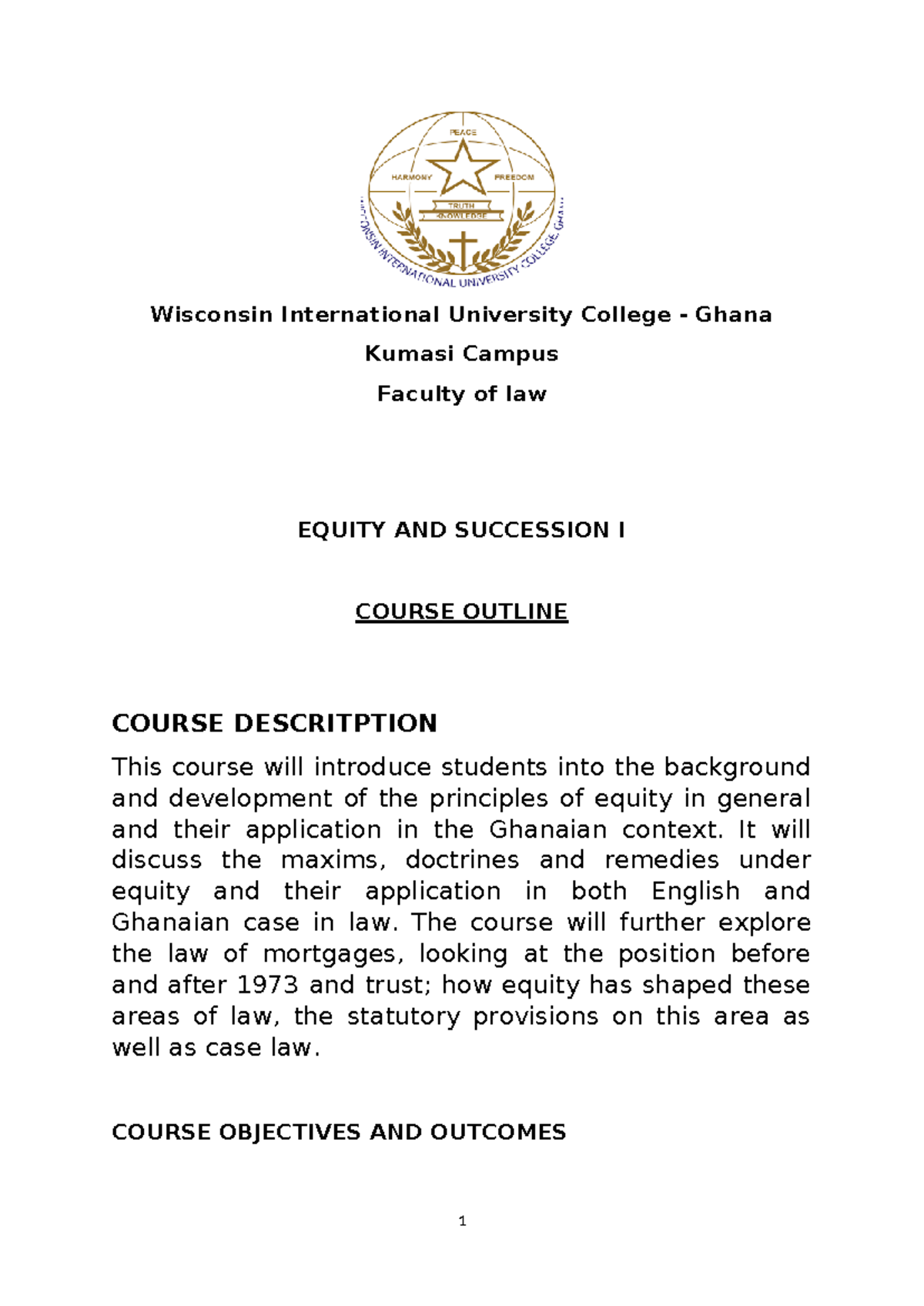 Equity AND Succession Course Outline - Wisconsin International ...