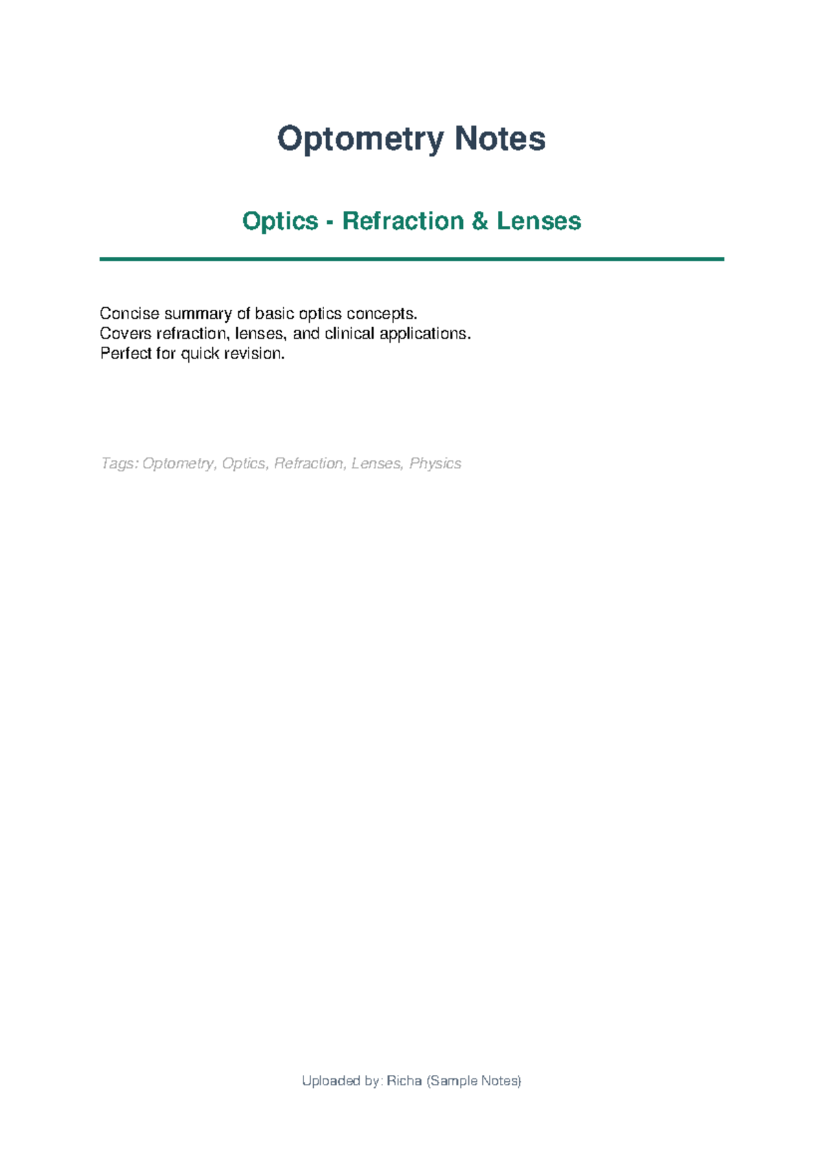 Optometry Notes: Concise Summary of Optics & Refraction Concepts - Studocu