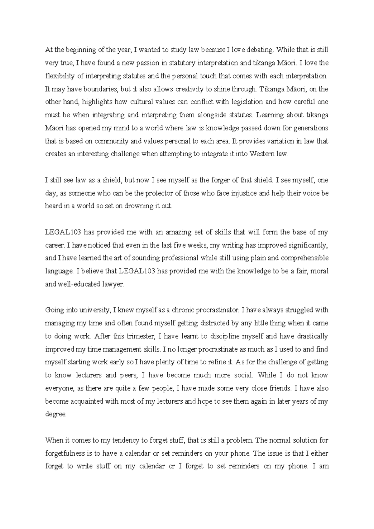LEGAL103 - Final Reflective Writing on Law and Personal Growth - Studocu