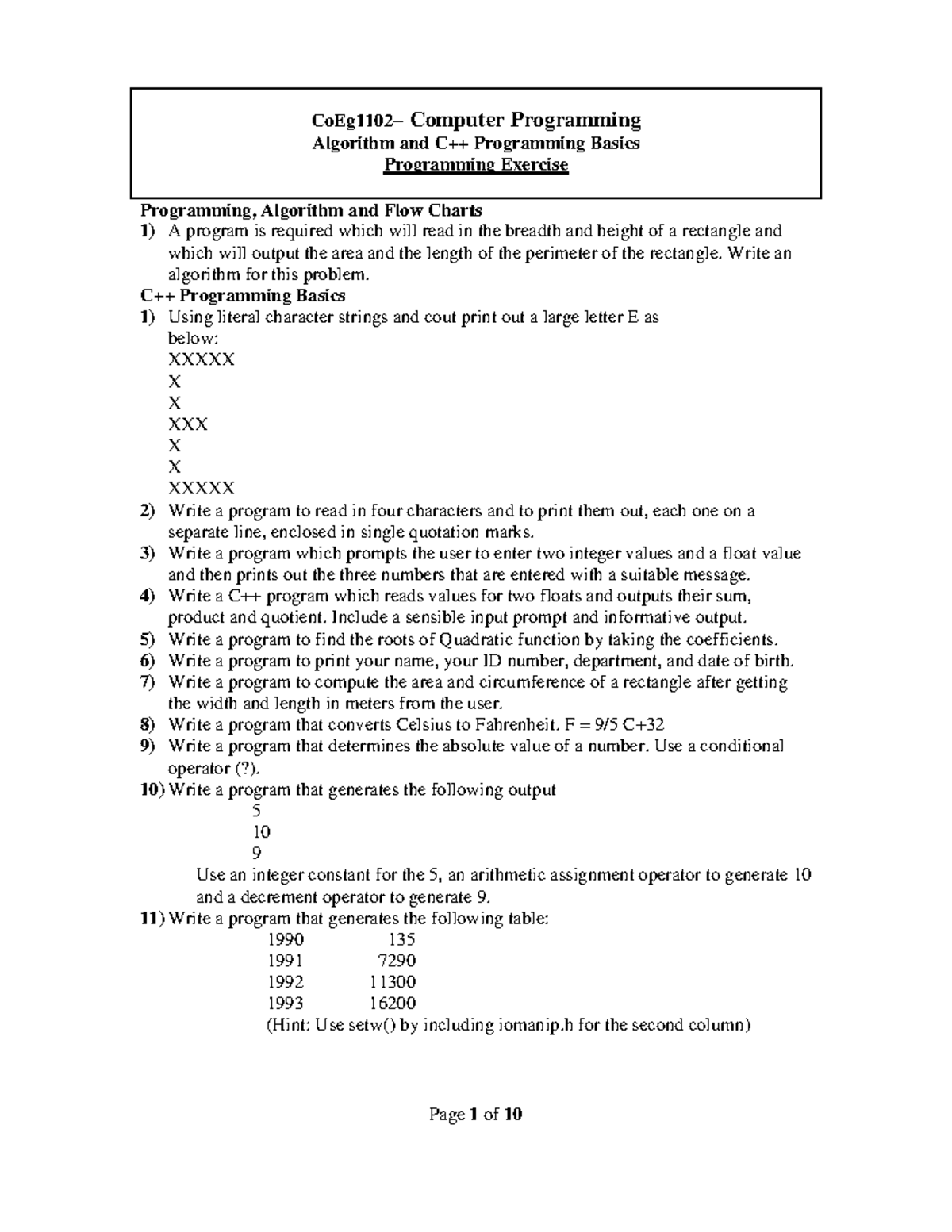 Computer Programming Exercises - Algorithm and C++ Programming Basics ...