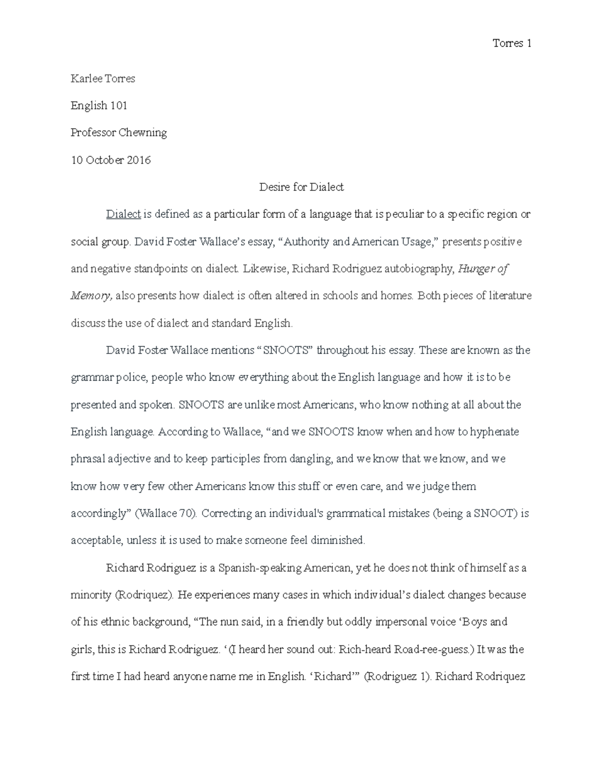 English 101 Essay: Analyzing Dialect in Wallace & Rodriguez - Studocu