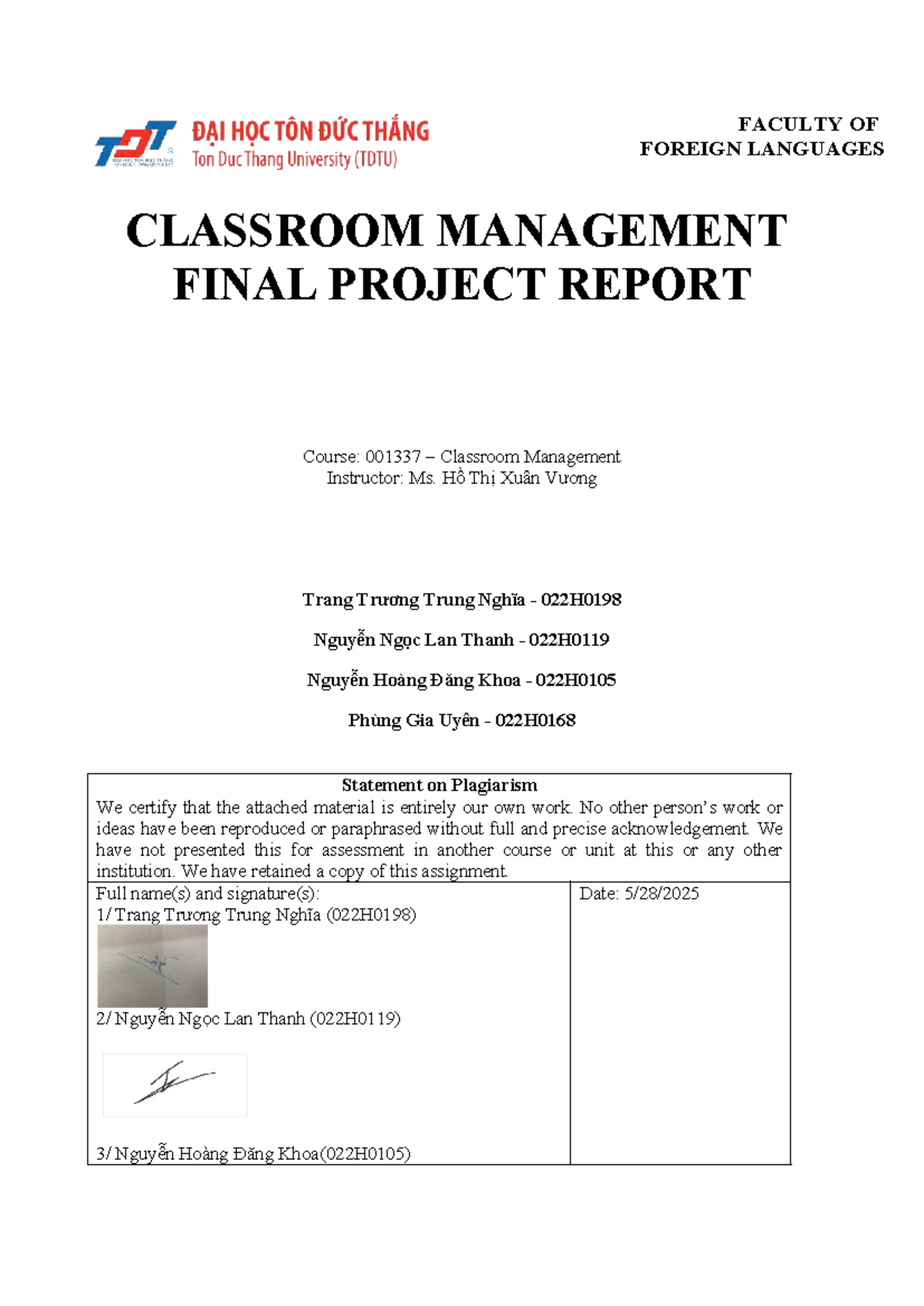 Classroom Management Project Report: Group 4 - Course 001337 - Studocu