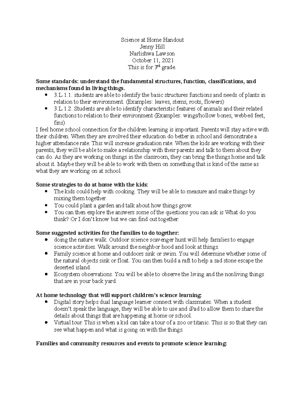 Science at Home Handout for Kindergarten Families - Studocu