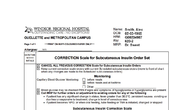 CORRECTION Scale for Subcutaneous Insulin Orders - Scenario B ...