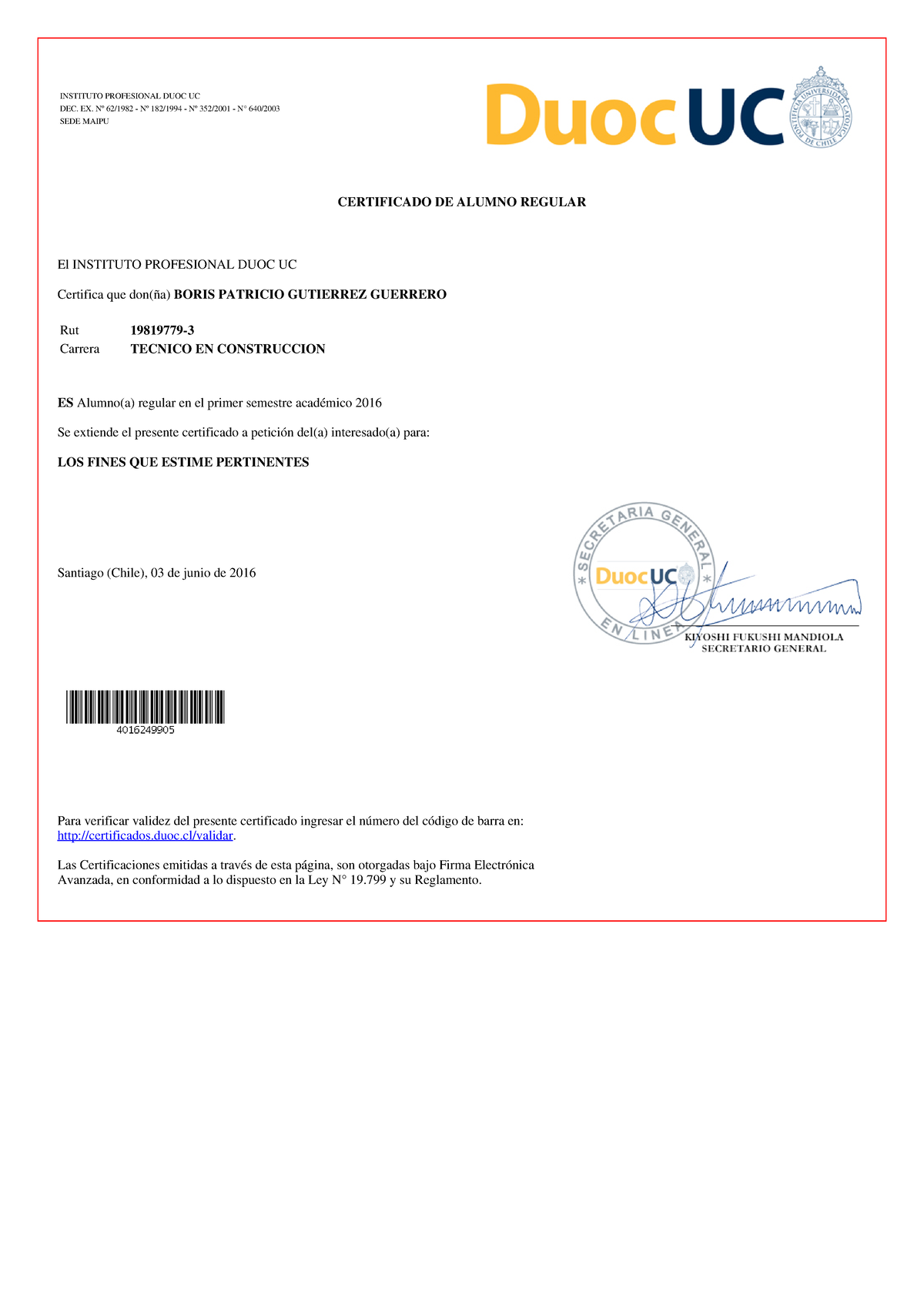 Certificado de Alumno Regular - Técnico en Construcción - DUOC UC - Document Preview
