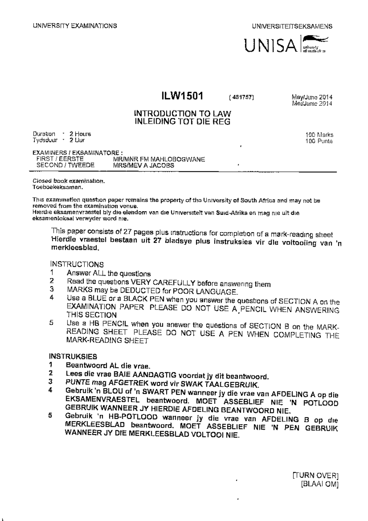 ILW1501 May/June 2014 Exam Paper - Introduction to Law - Studocu