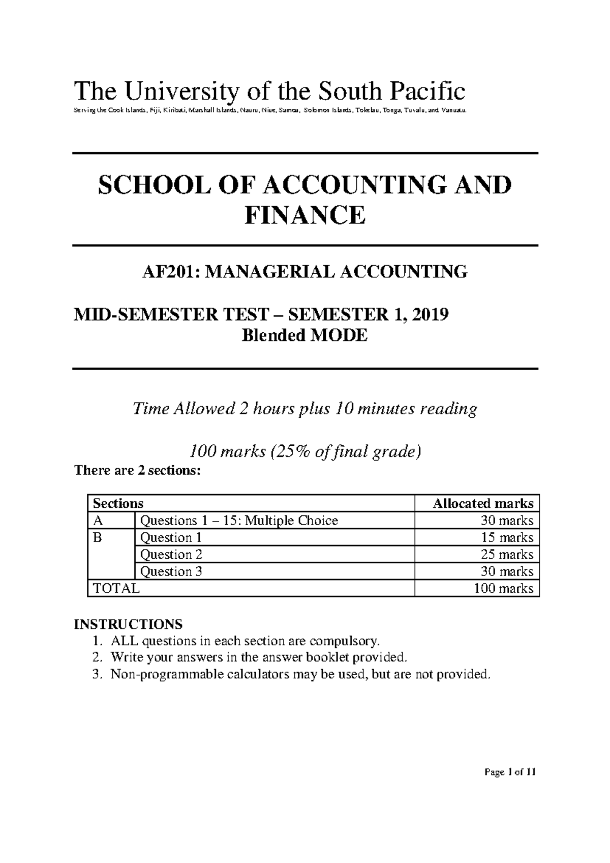Midterm Test AF201: Managerial Accounting - Semester 1, 2019 - Studocu