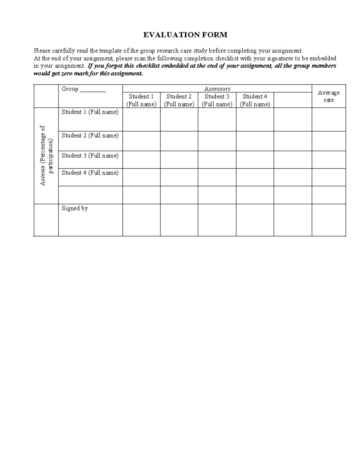 Group Evaluation Form - TACN Case Study Checklist and Signatures - Studocu