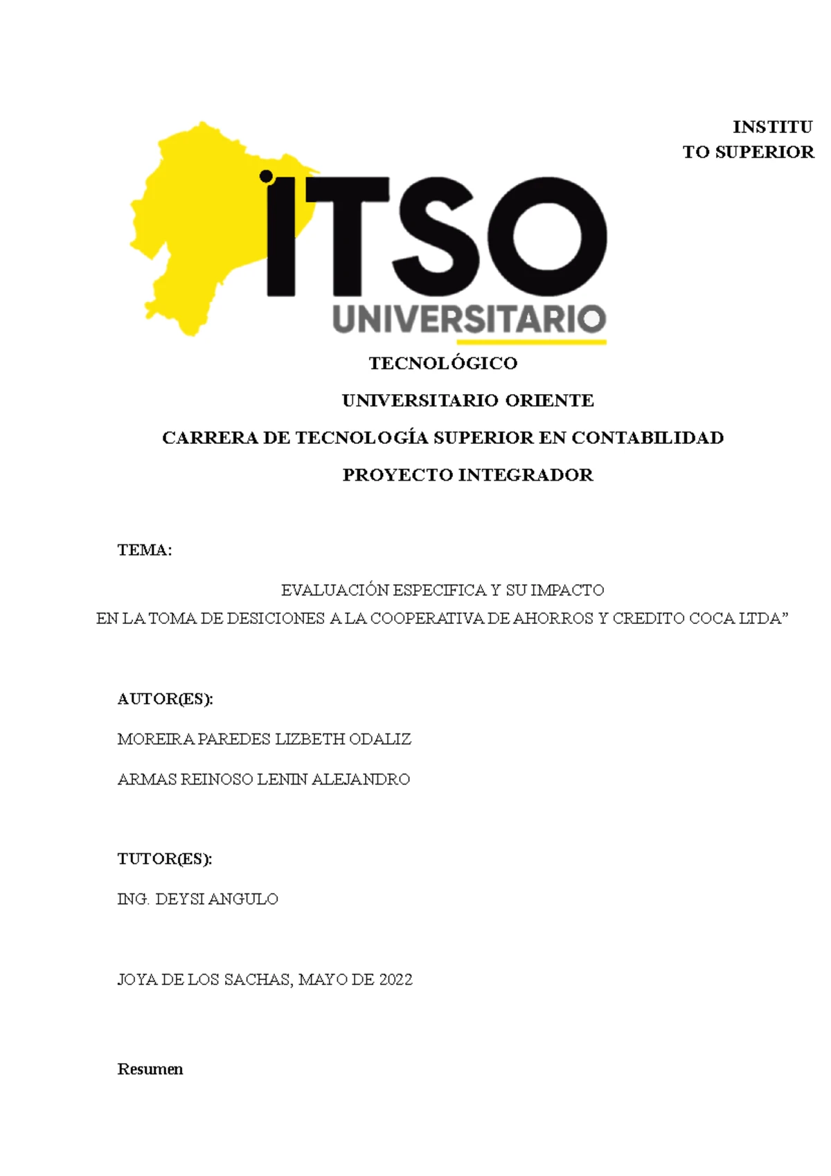 Proyecto Integrador III ITSO Capitulo 2 - INSTITUTO SUPERIOR ...