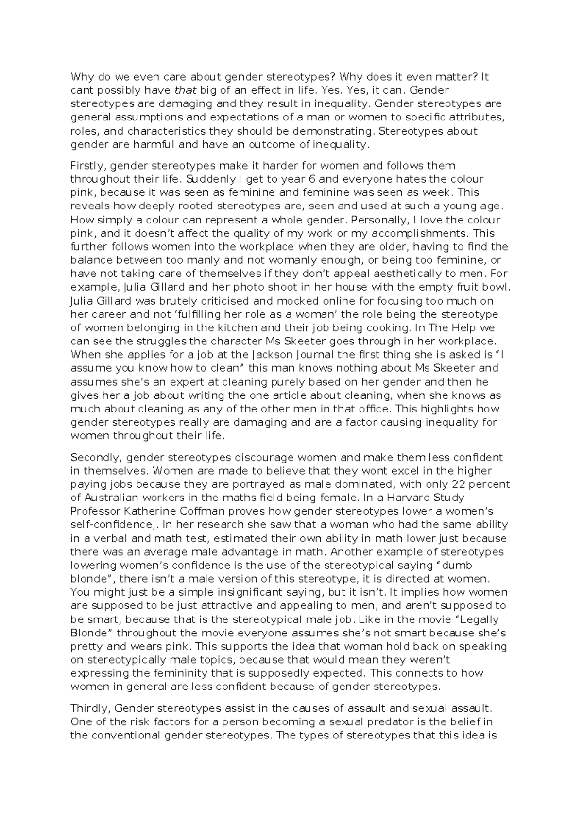 ENG 201: Oral Presentation Script on Gender Stereotypes and Inequality ...