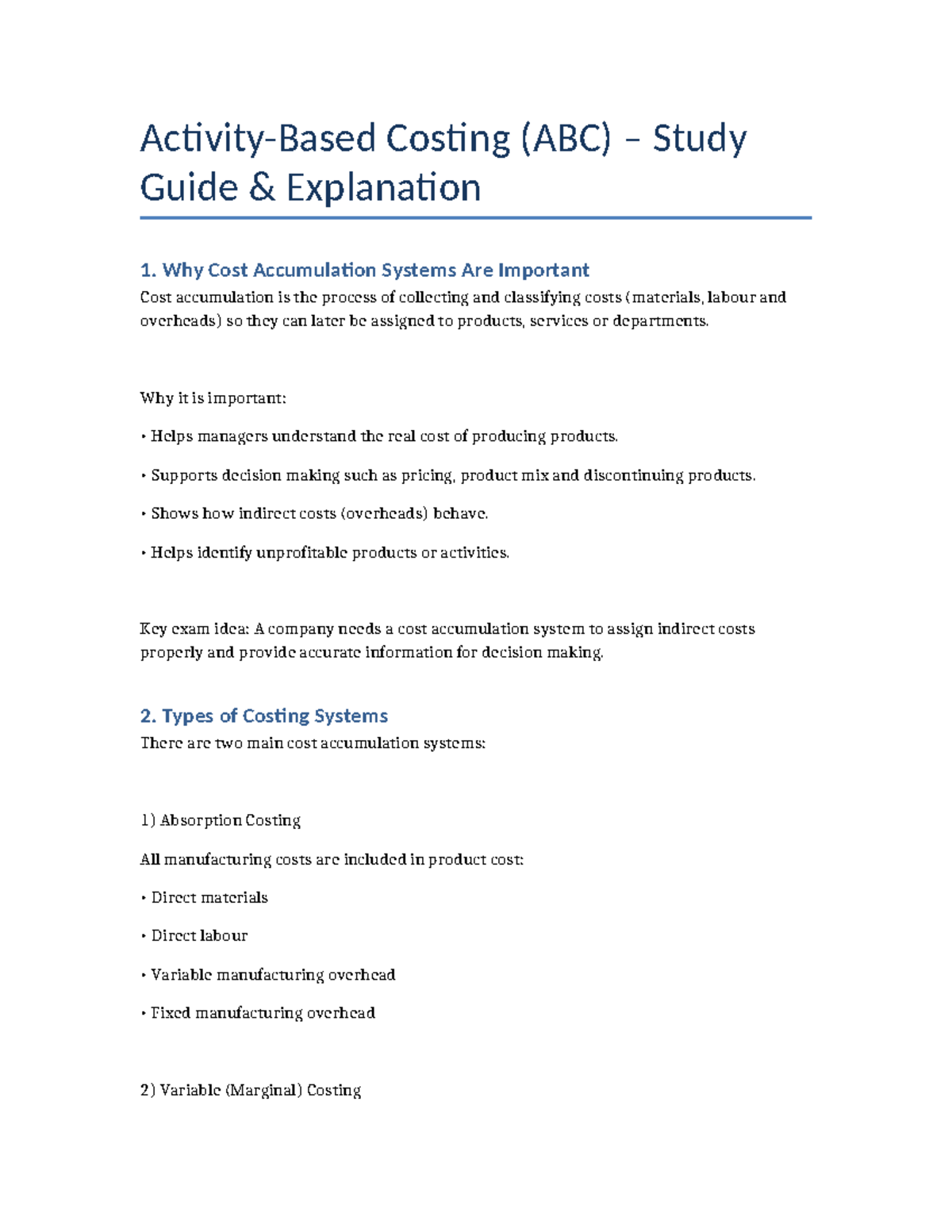 Activity Based Costing (ABC) Study Guide: Key Concepts & Systems - Studocu