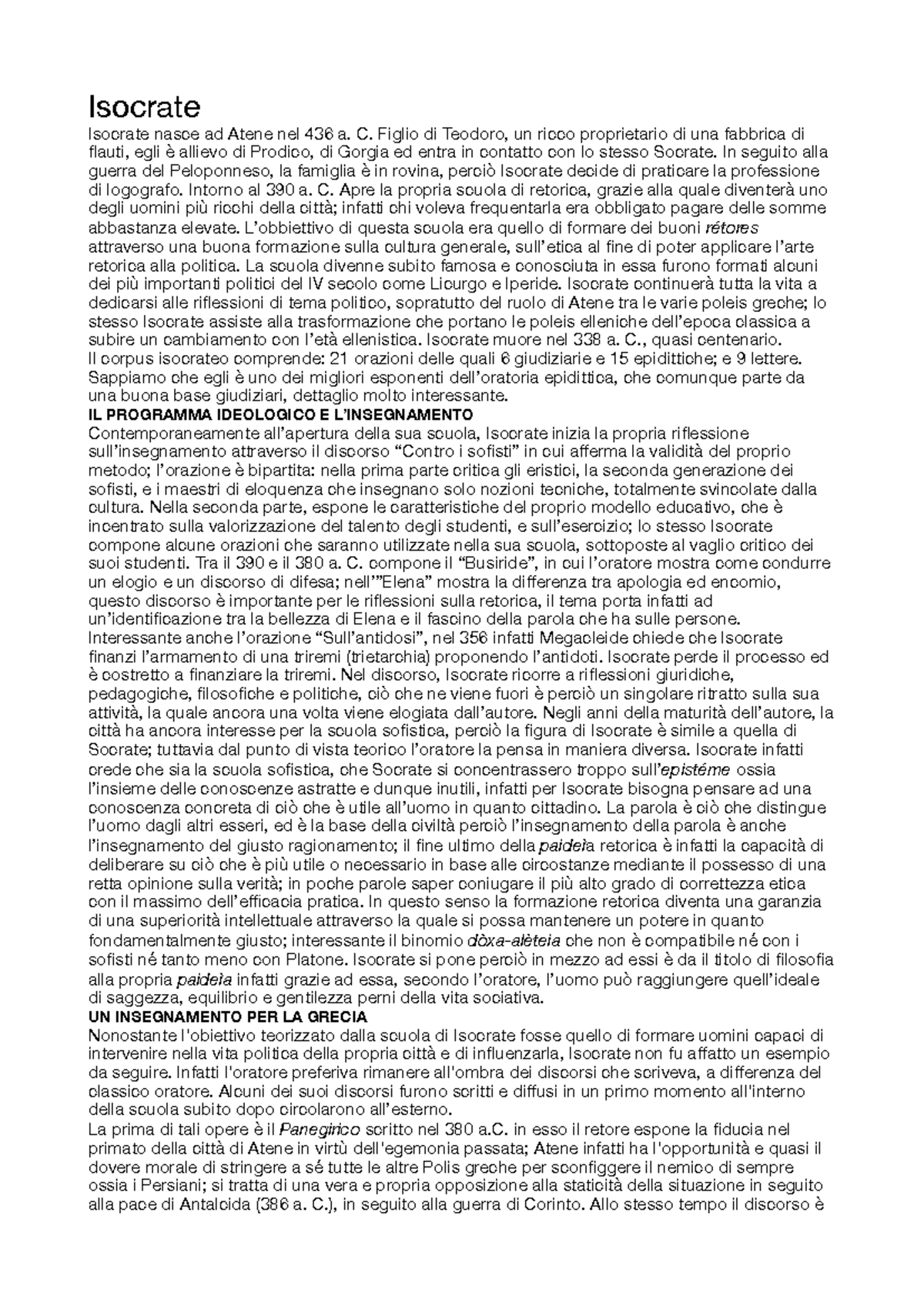 Isocrate: Appunti sulla Vita e l'Opera del Retore (Storia Antica) - Studocu