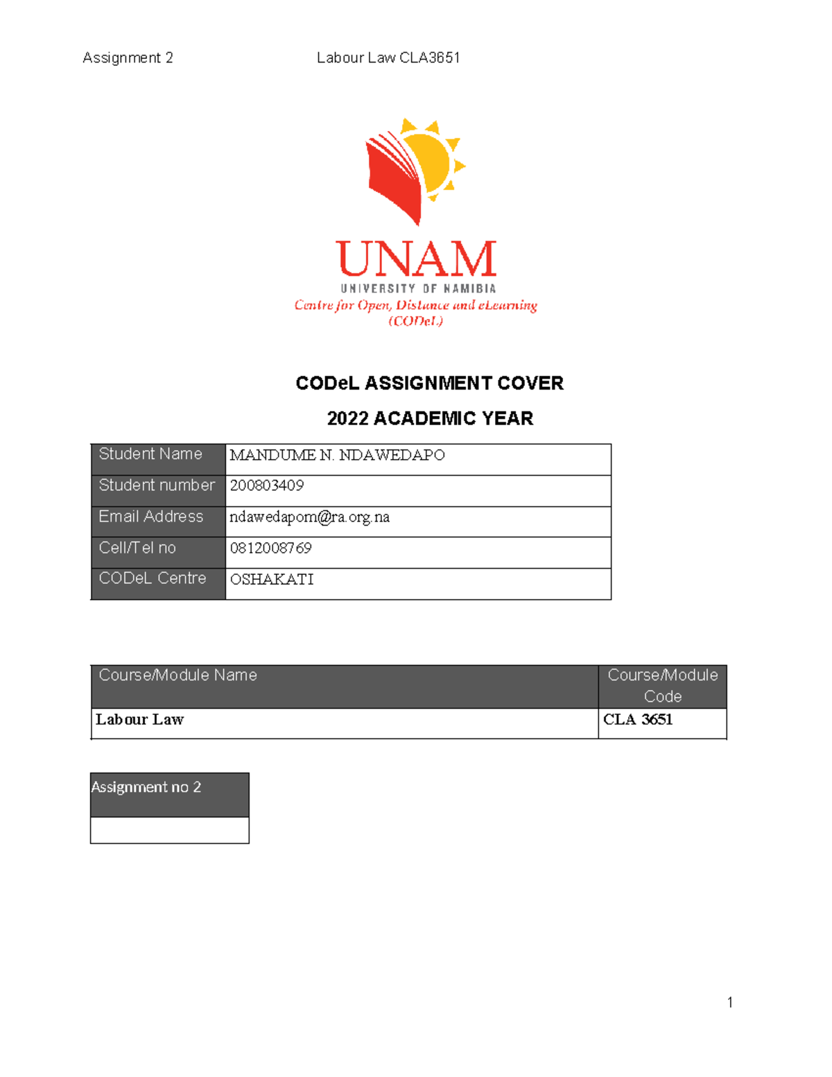 Assignment 2: General Principles of Trade Unions in Labour Law CLA3651 ...