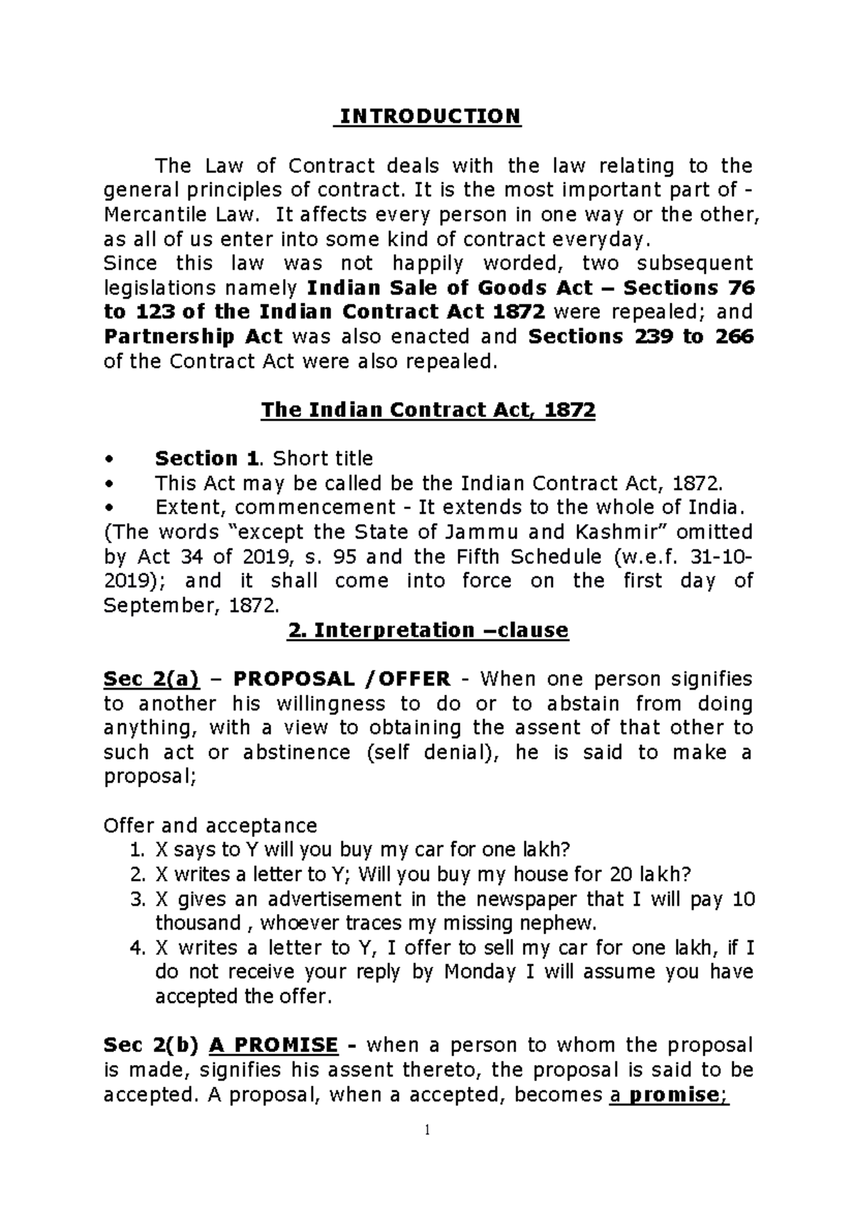 Contract-1 Notes 3 - INTRODUCTION The Law of Contract deals with the ...