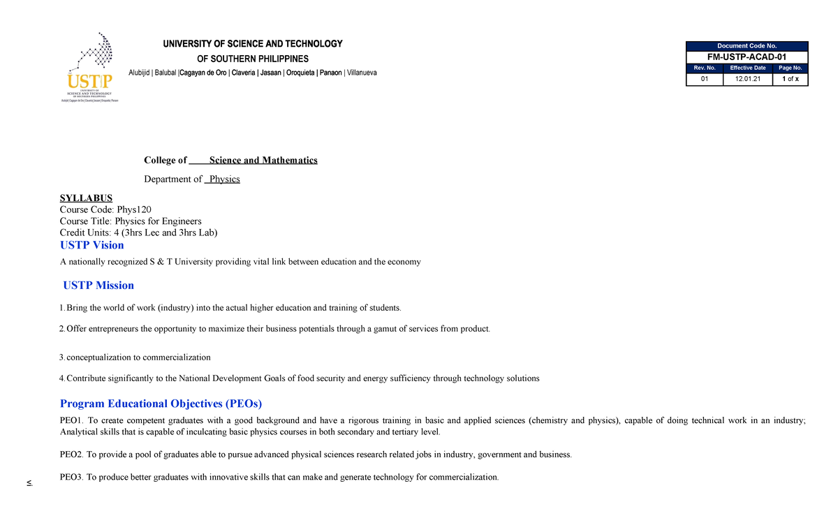Syllabus for PHYS 1ST SEM - Physics for Engineers 2022-2023 - Studocu