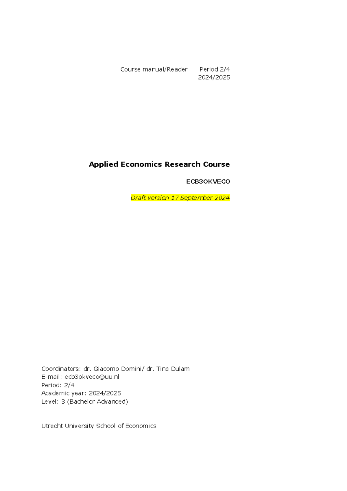 Applied Economics Research Course Manual (ECB3OKVECO) 2024 - Studeersnel