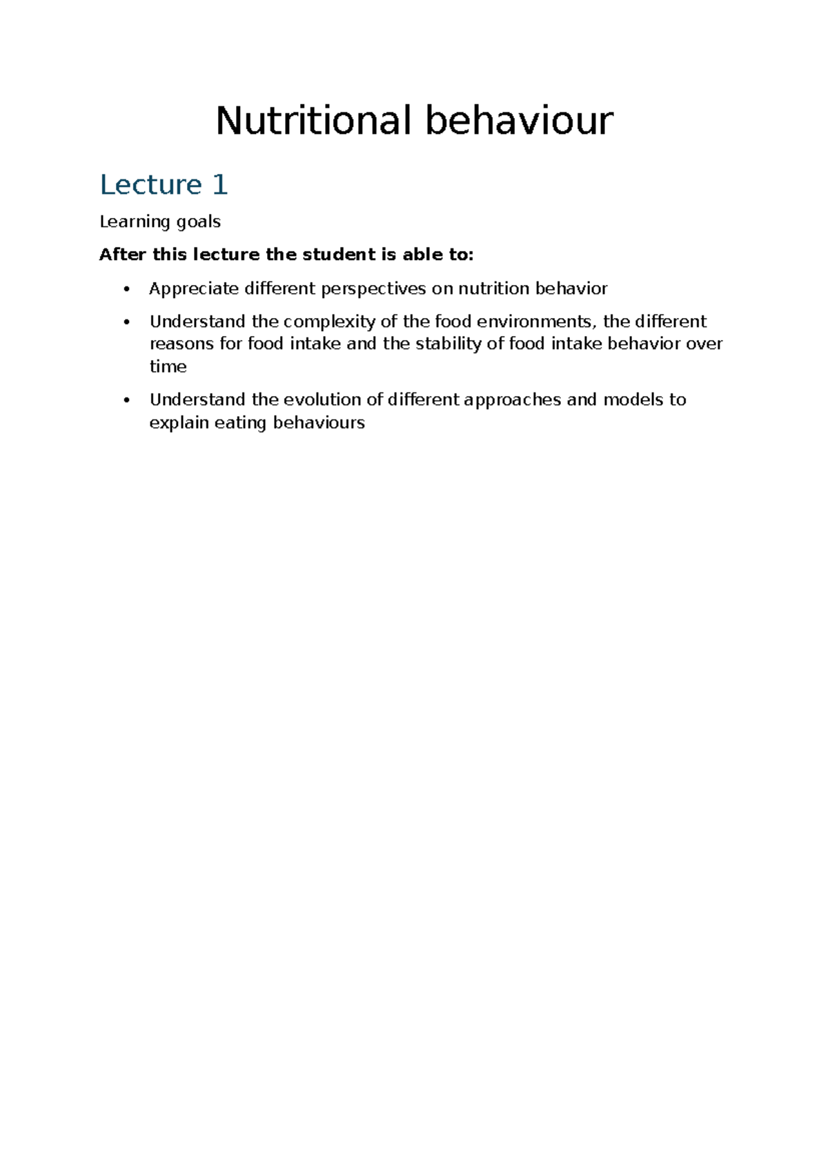 Nutritional Behavior Overview: Insights from Lecture Series - Studeersnel