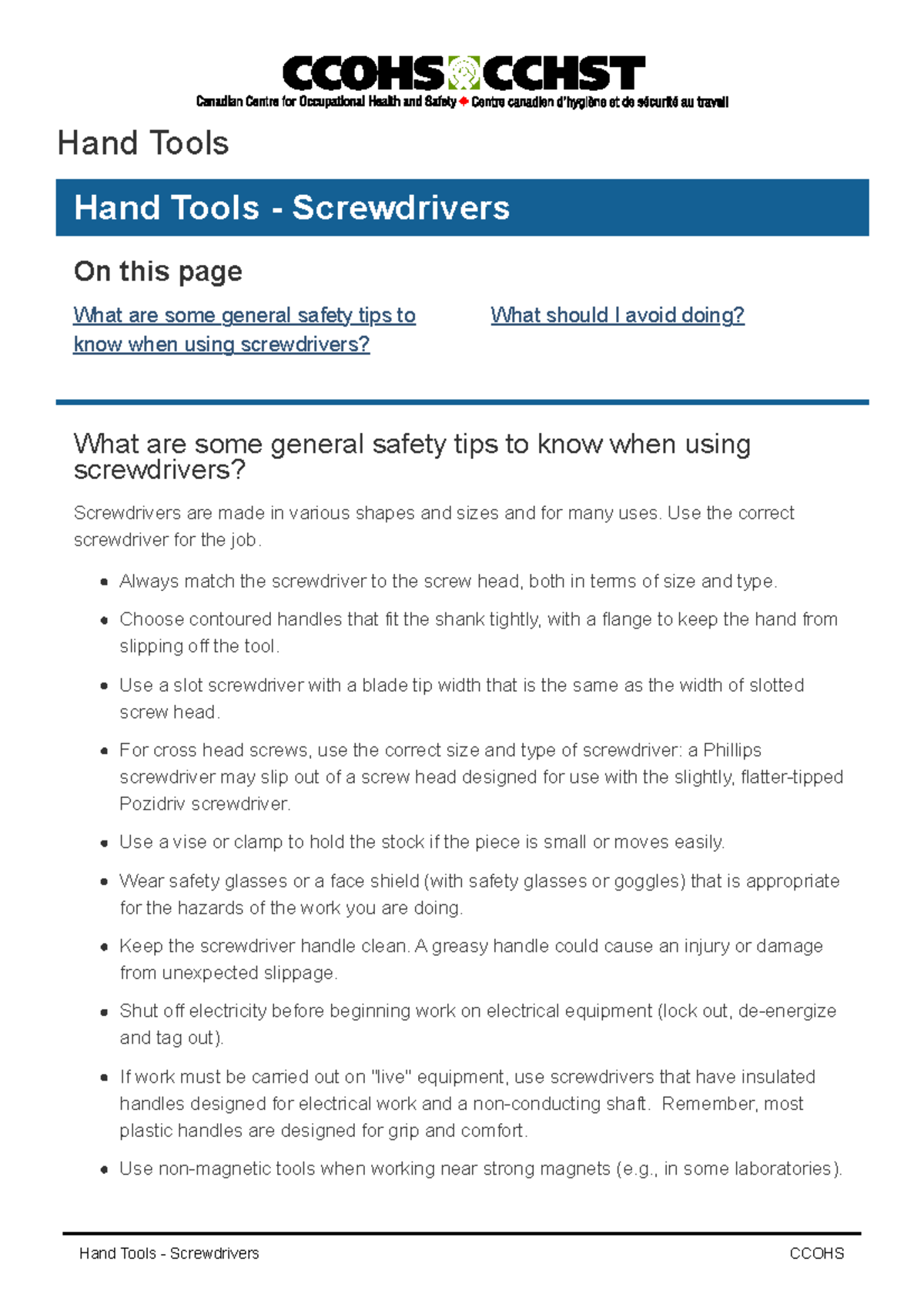Screwdrivers - Safety Tips Guide for Quiz - Studocu
