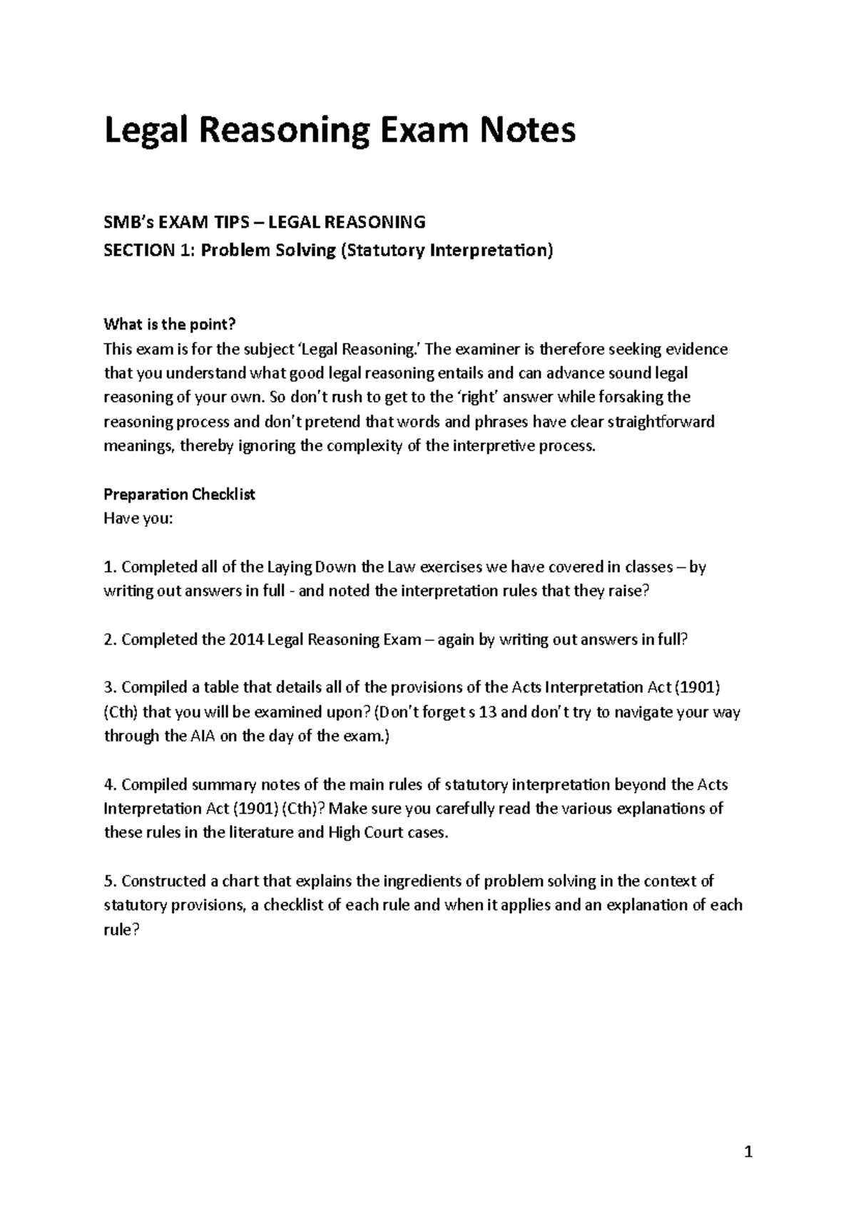 Legal Reasoning Exam Notes Section 1 - Legal Reasoning Exam Notes SMB’s ...