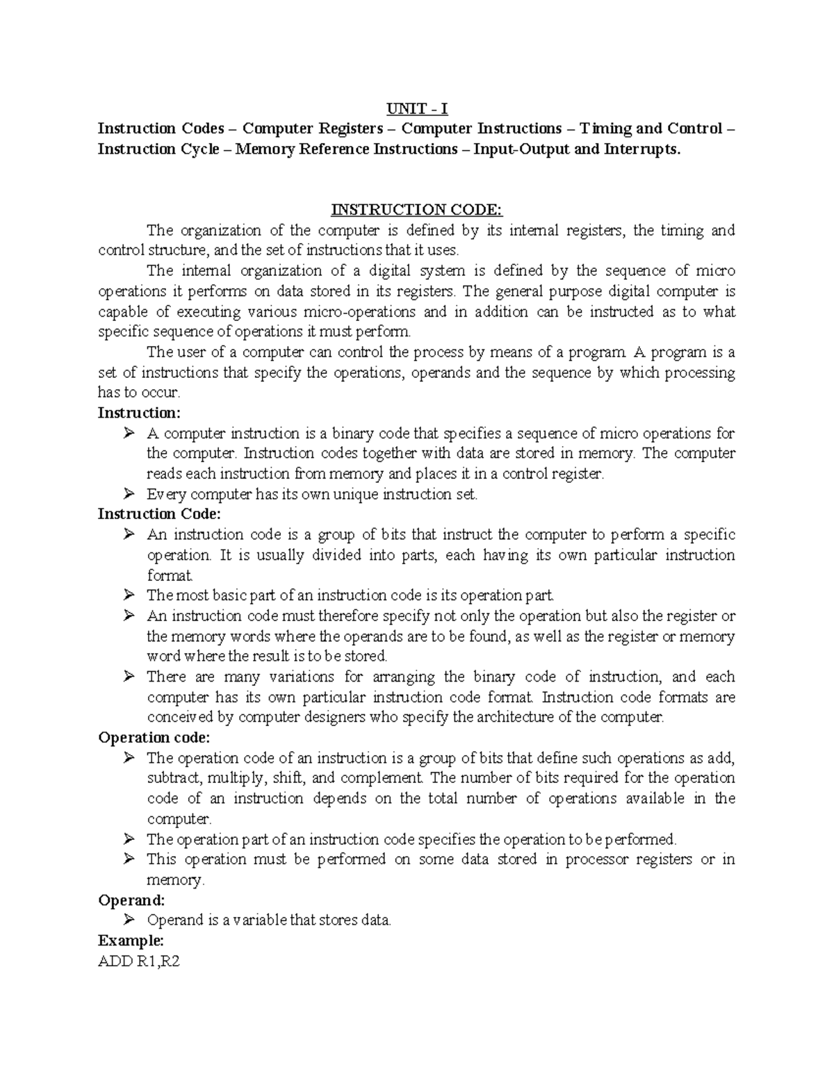 Unit 1: Instruction Codes and Computer Registers (COA) - Studocu