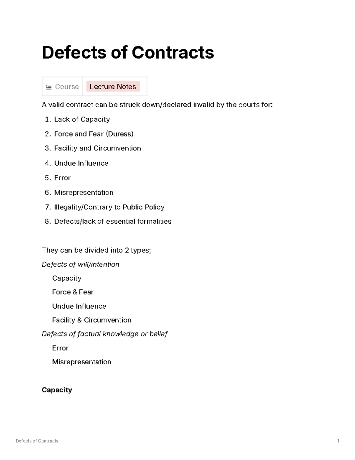 Defects of Contracts Lecture Notes (LAW 101) - Studocu