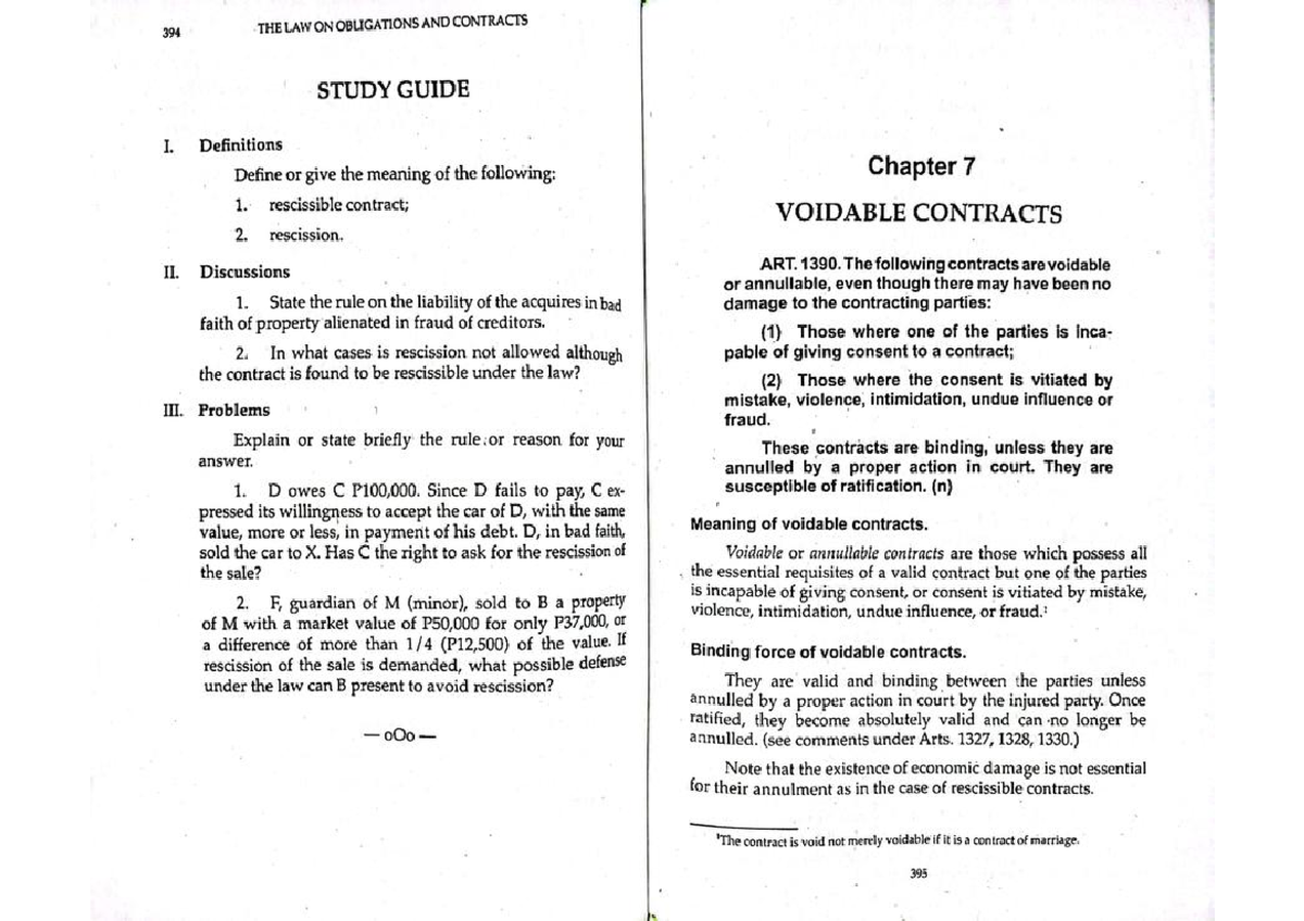 394 THE LAW ON OBLIGATIONS AND CONTRACTS: VOIDABLE CONTRACTS STUDY ...