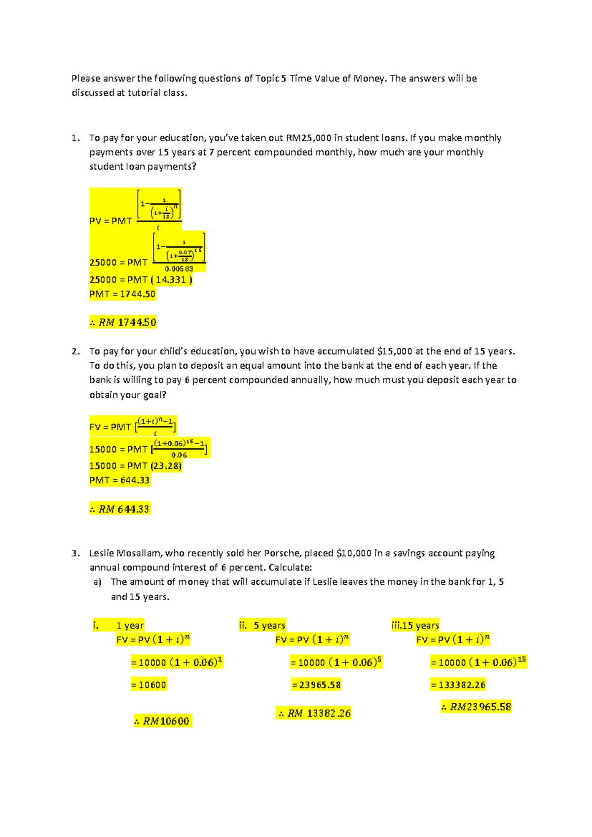 Financial Management - Please answer the following questions of Topic 5 ...