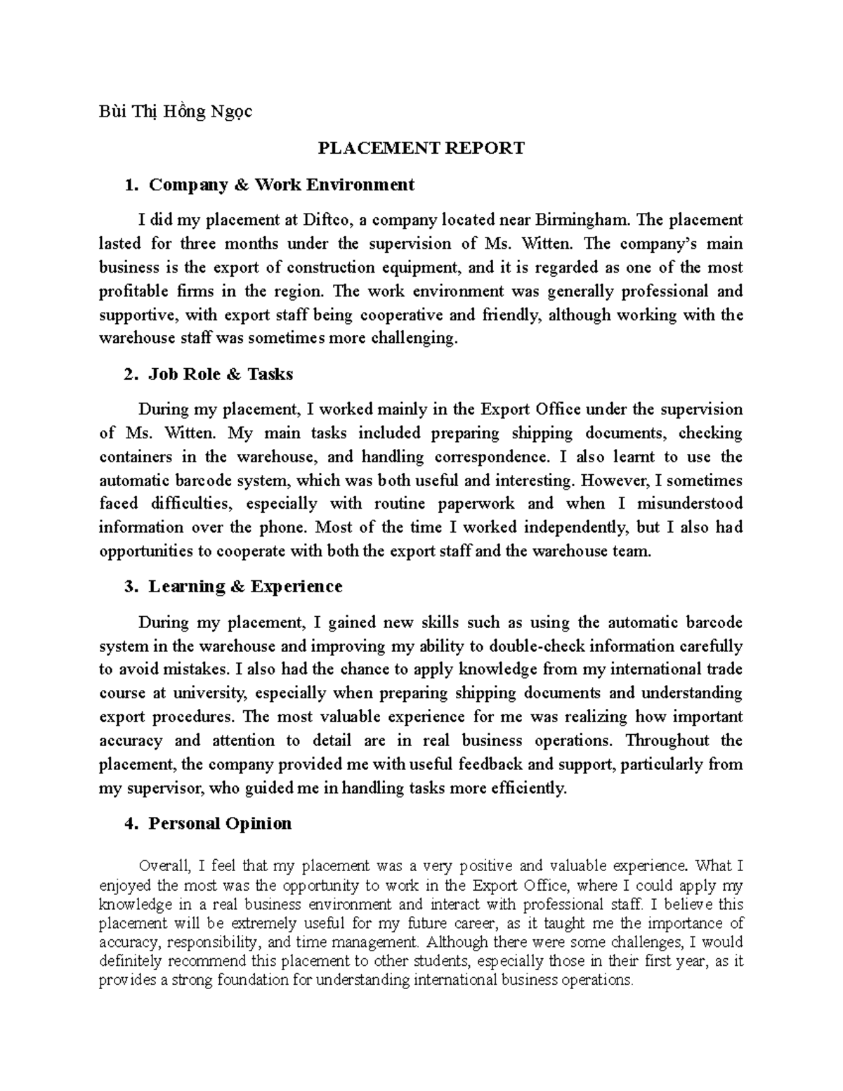Bùi Thị Hồng Ngọc - Placement Report on Export Office Experience - Studocu