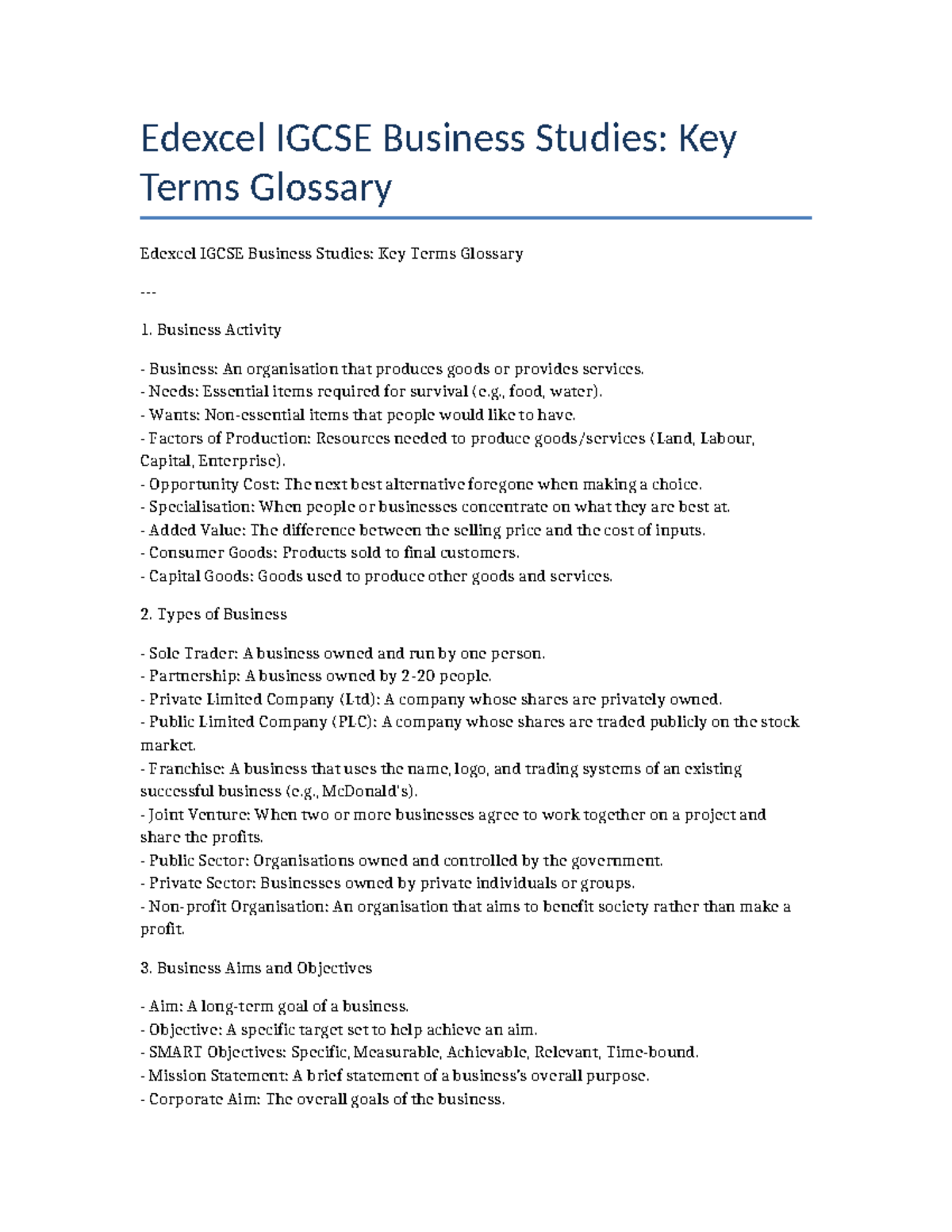 Edexcel IGCSE Business Studies: Key Terms & Concepts Glossary - Studocu
