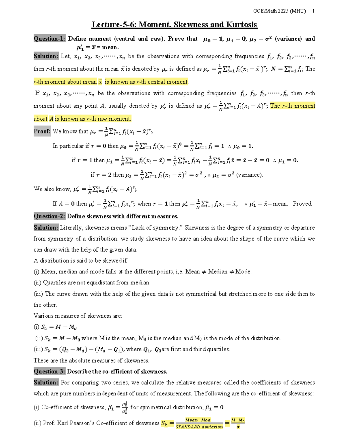 (MHU) Lecture on Moments, Skewness, and Kurtosis Analysis - Studocu