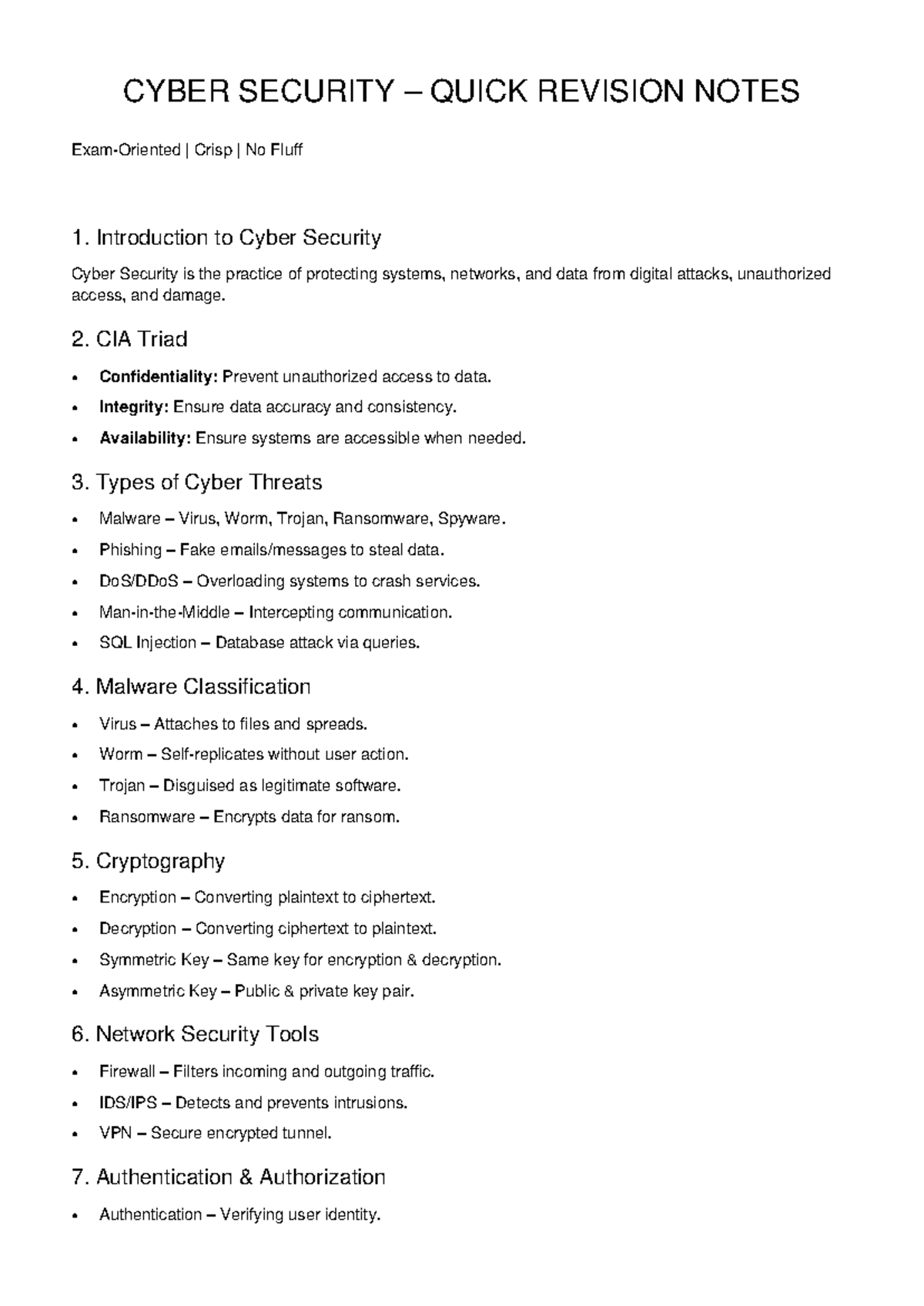 CYBER SECURITY REVISION NOTES (CS101) - KEY CONCEPTS & THREATS - Studocu