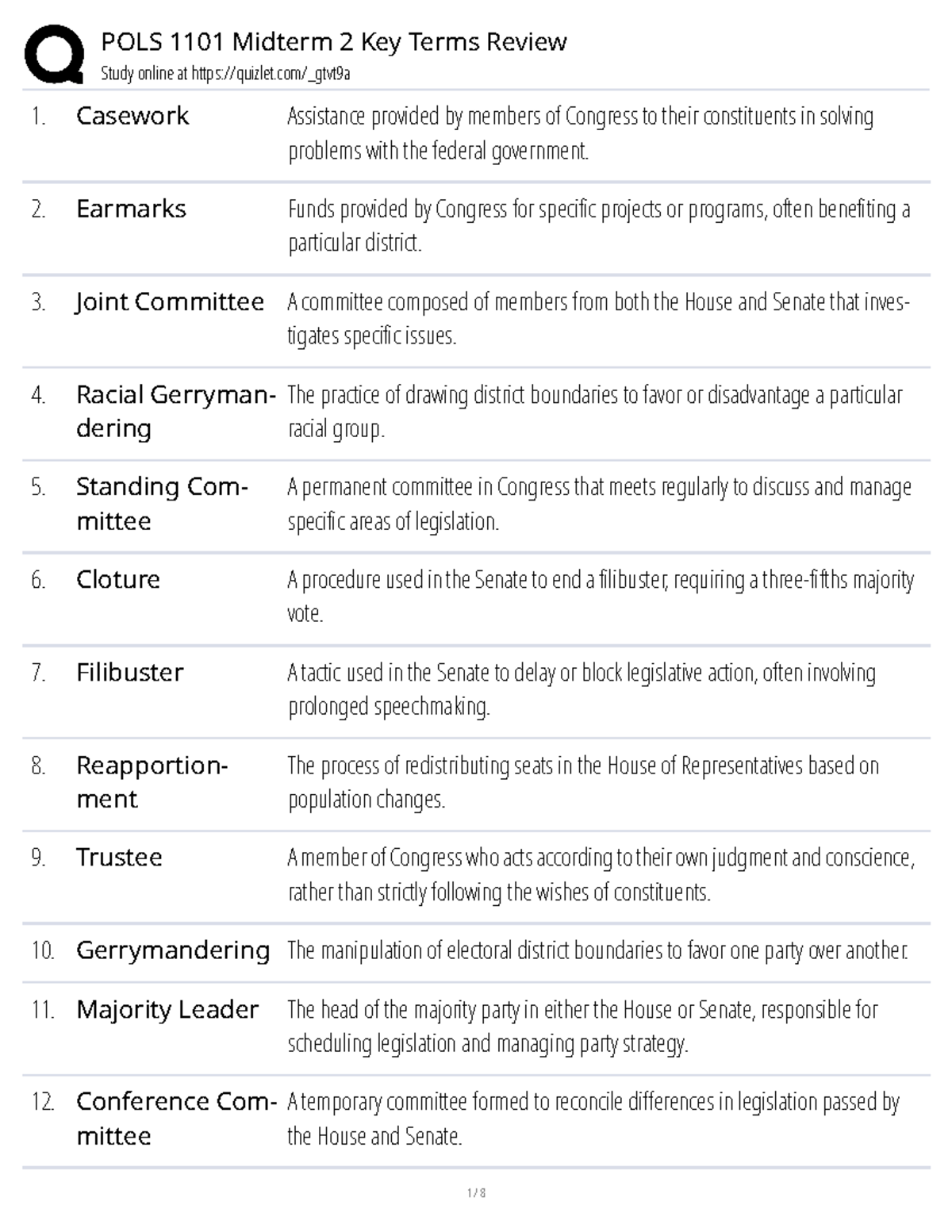 POLS 1101 Midterm 2 Key Terms Review Guide - Study online at quizlet ...