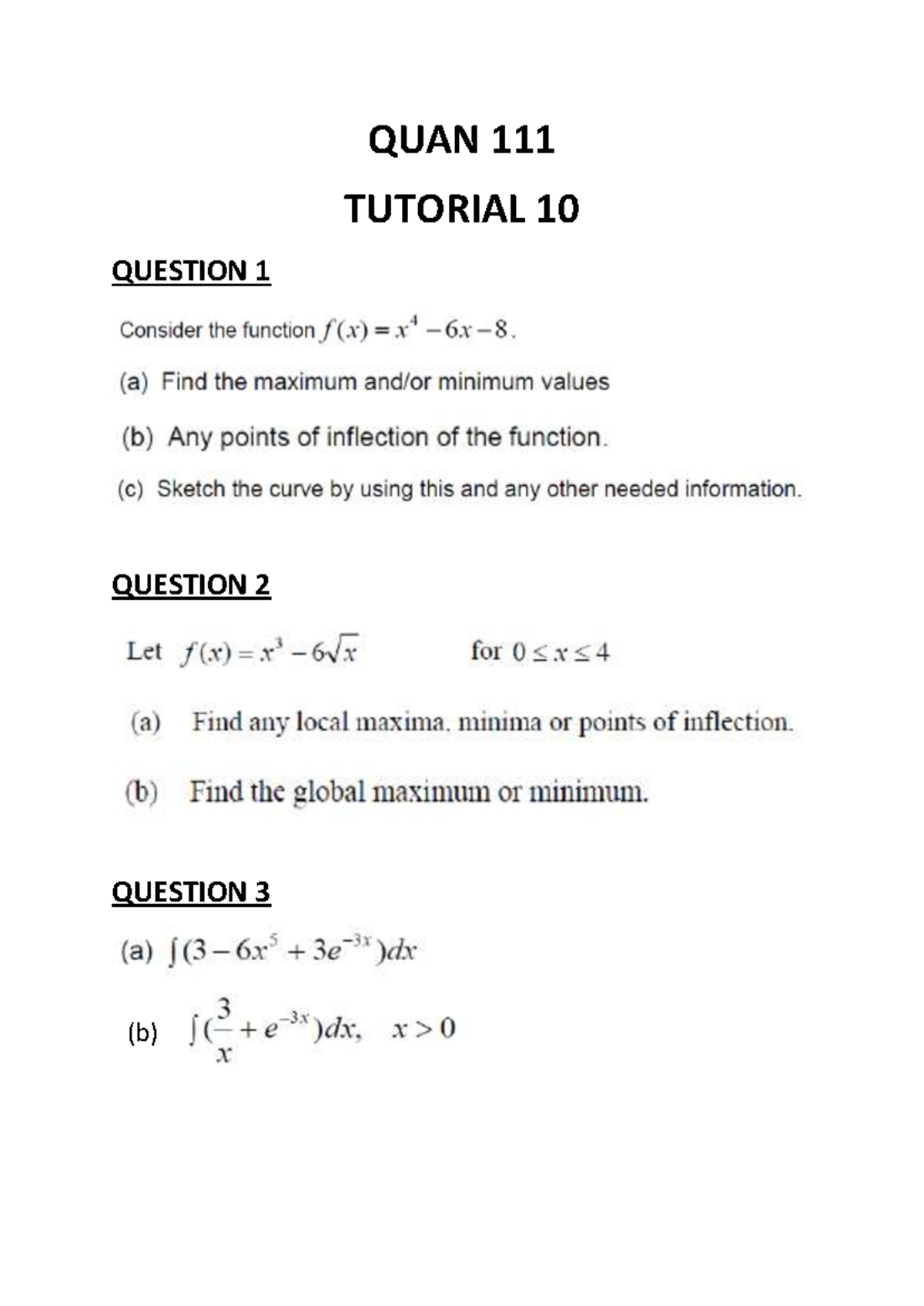 QUAN 111 Tutorial 10 Solutions and Questions - Studocu