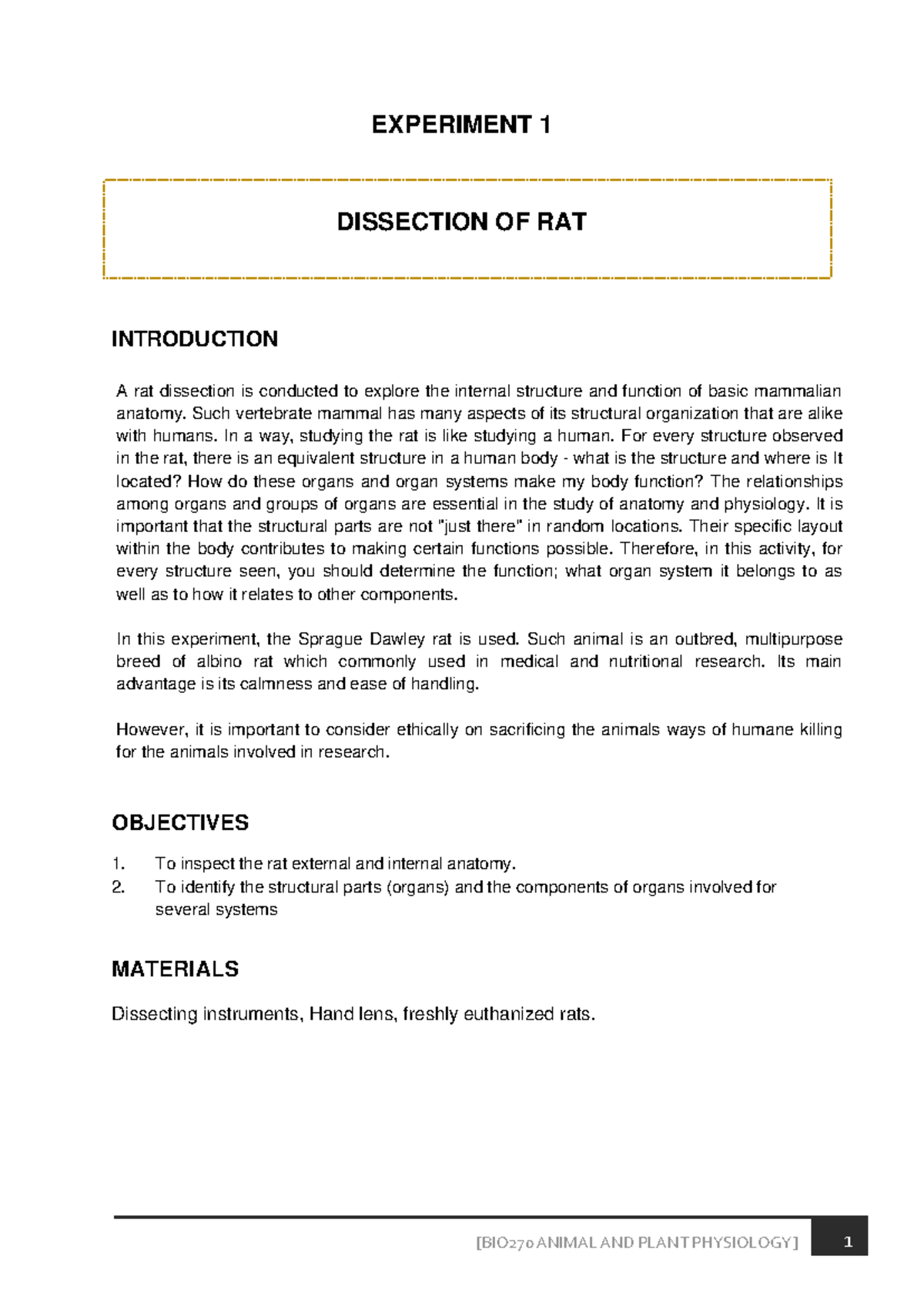 BIO EXP 1 Lab manual - DISSECTION OF RAT EXPERIMENT 1 INTRODUCTION A ...