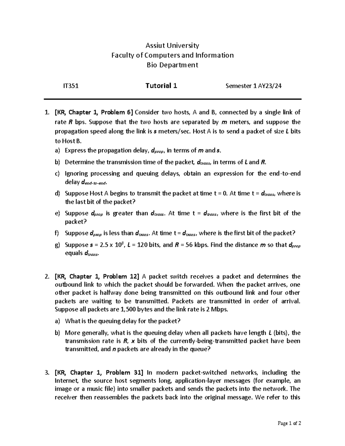 Sheet 1 - Page 1 of 2 Assiut University Faculty of Computers and ...